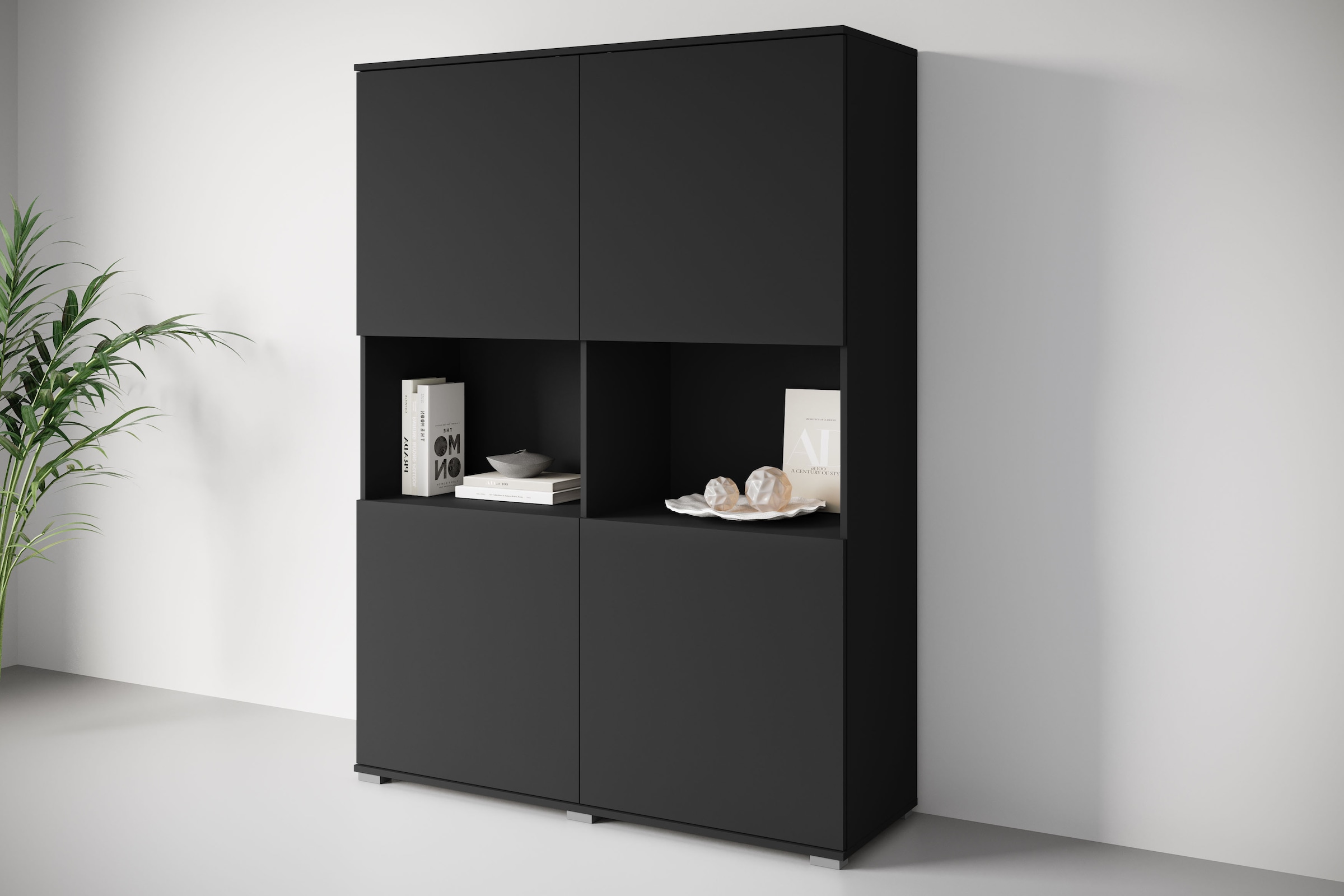 OTTO home Highboard »Kenia Schrank, 120 cm breit, mit 4 Türen und 2 offenen Fächern« 1 Stk. tlg. Griffloses Design mit Push-to-Open und verstellbaren Einlegeböden