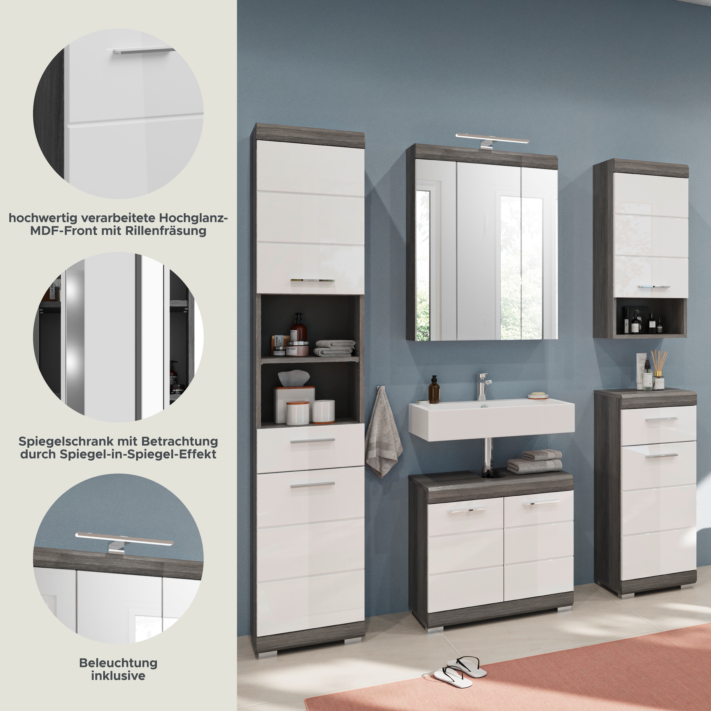 INOSIGN Badmöbel-Set »Siena, 5 teilig, inklusive LED Beleuchtung, bestehend aus:«, (Set, 5 St.), Hochschrank, WBU, Spiegelschrank, Unterschrank, Hängeschrank