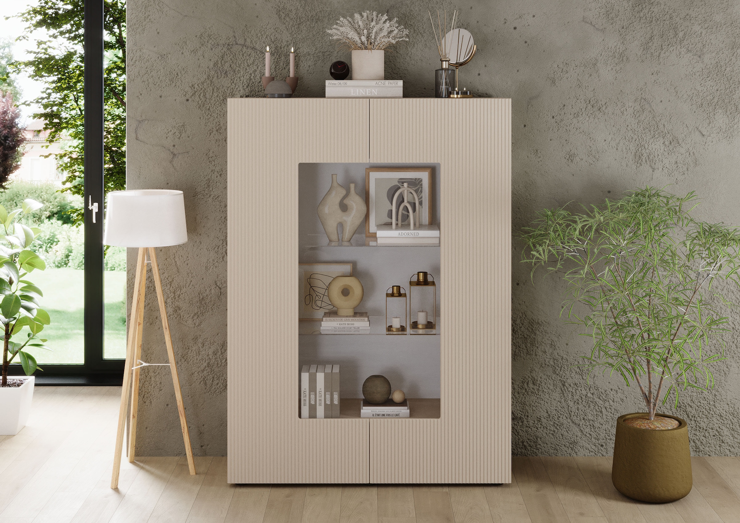 INOSIGN Vitrine »RIO, Höhe 166 cm, Hochschrank mit 2 Türen, Anrichte, Standvitrine«, geriffelte Front, modern u. elegant, viel Stauraum