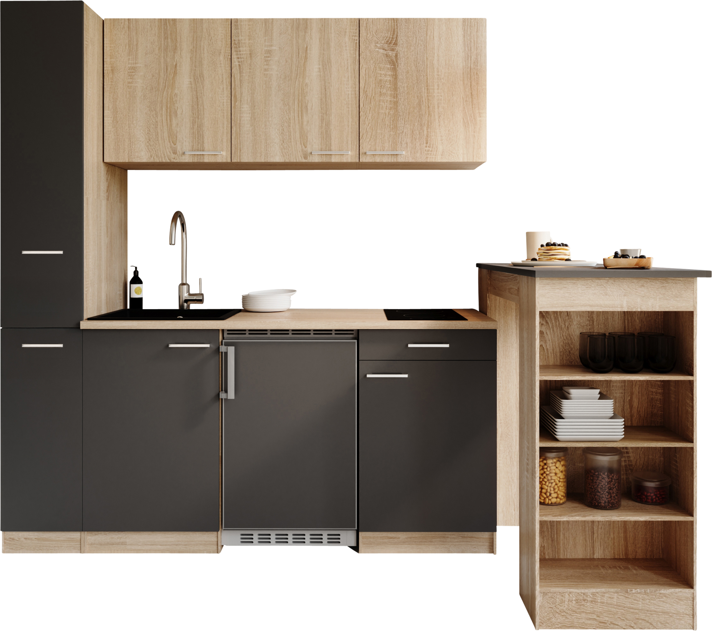 RESPEKTA Küchenzeile "Ingrid, inkl. Tresentisch und Mikrowelle" zerlegt, wahlweise mit Kühlschrank, Soft-Close-Funktion, Breite 180 cm