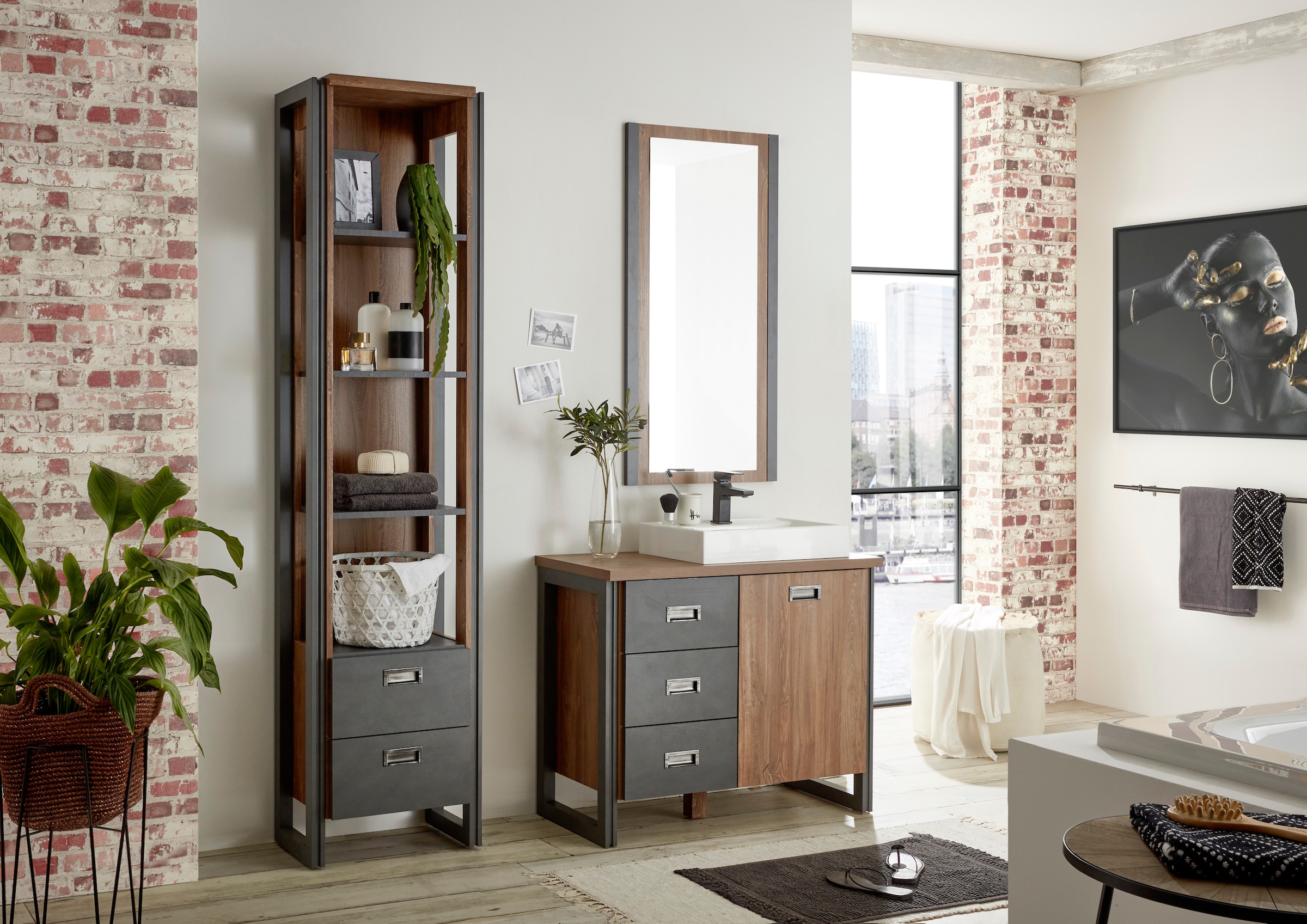 Home affaire Waschtisch »Detroit, Unterschrank mit Apothekergriff, Badschrank, Industrialdesign«, Eiche Dekor, mit Stauraum, inkl. Mineralguss-Waschbecken, Breite 91 cm