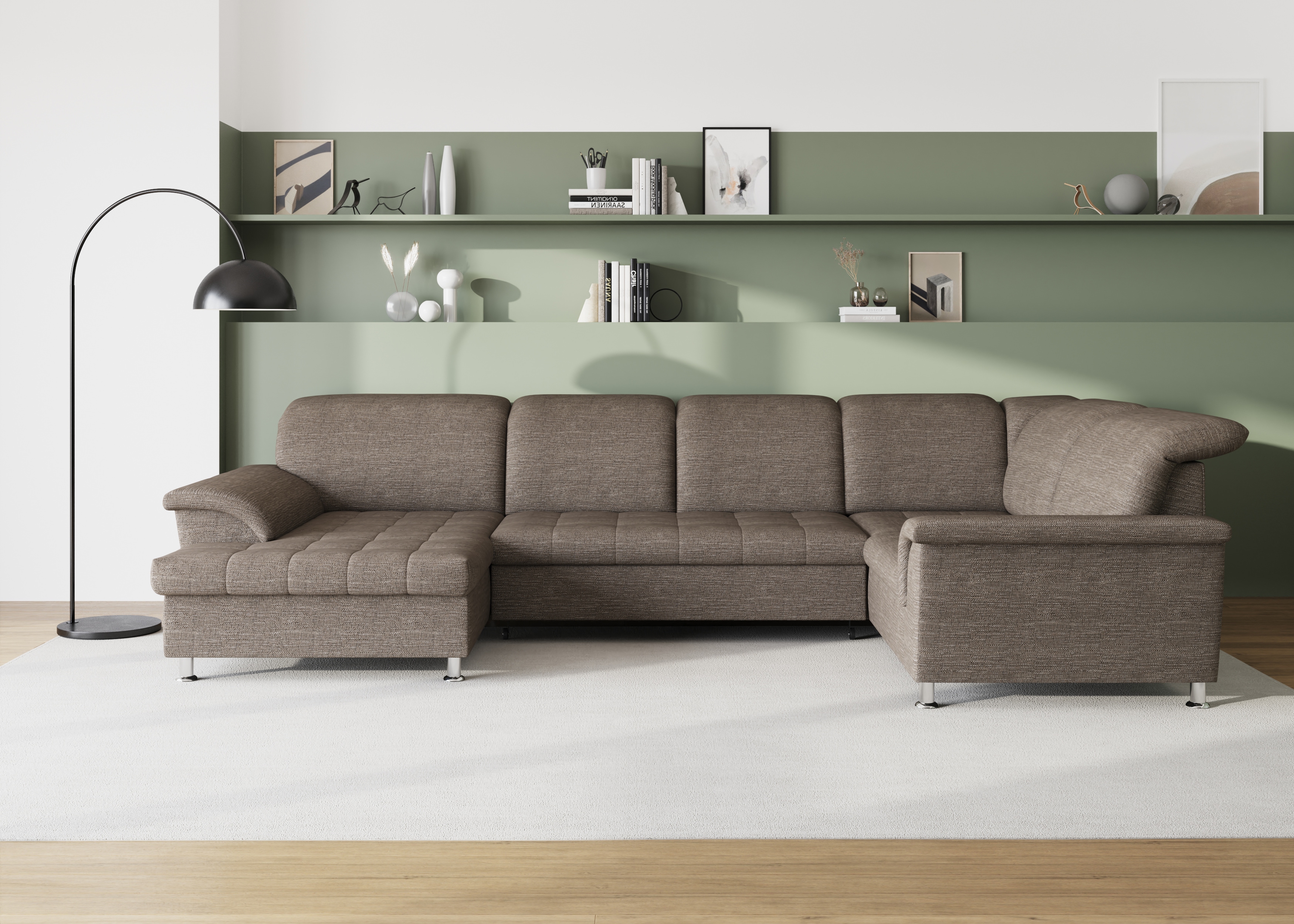 DOMO collection Wohnlandschaft "FRANZI optional mit Bettfunktion, Bettkasten & Kopfteilverstellung" U-Form, Recamiere links, beige-braun, B/T: 352/214 cm