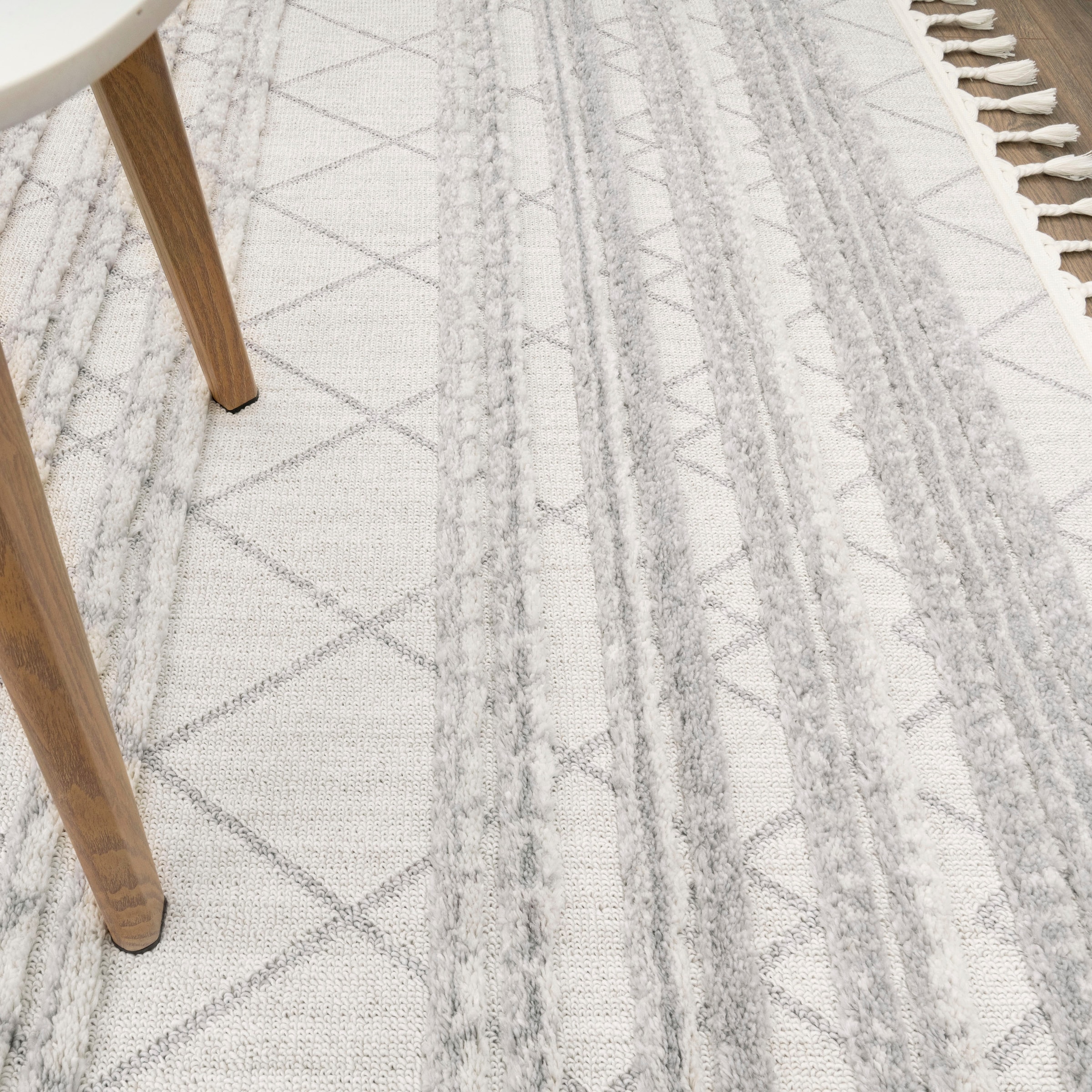 Paco Home Teppich »Auckland 292«, rund, 21 mm Höhe, Kurzflor, gestreift, Rauten Design, Hoch-Tief-Effekt, mit Fransen