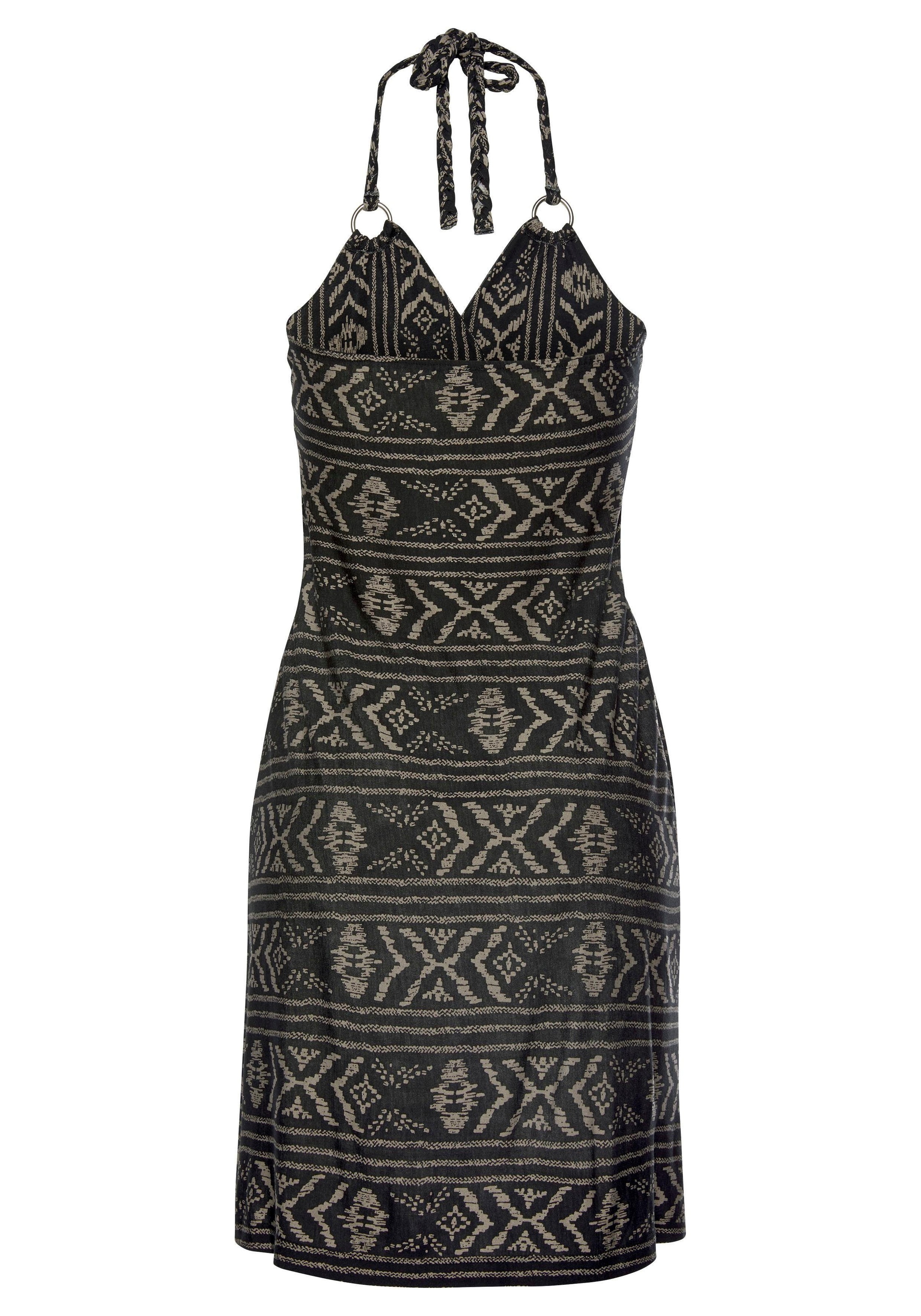 Neckholderkleid LASCANA, Damen, Gr. 38, N-Gr, schwarz (schwarz, creme, bedruckt), Jersey, Obermaterial: 100% Viskose, bedruckt, figurumspielend ca. Mitte Oberschenkel, V-Ausschnitt, Kleider, mit Ethnoprint, kurzes Sommerkleid, Strandkleid 3