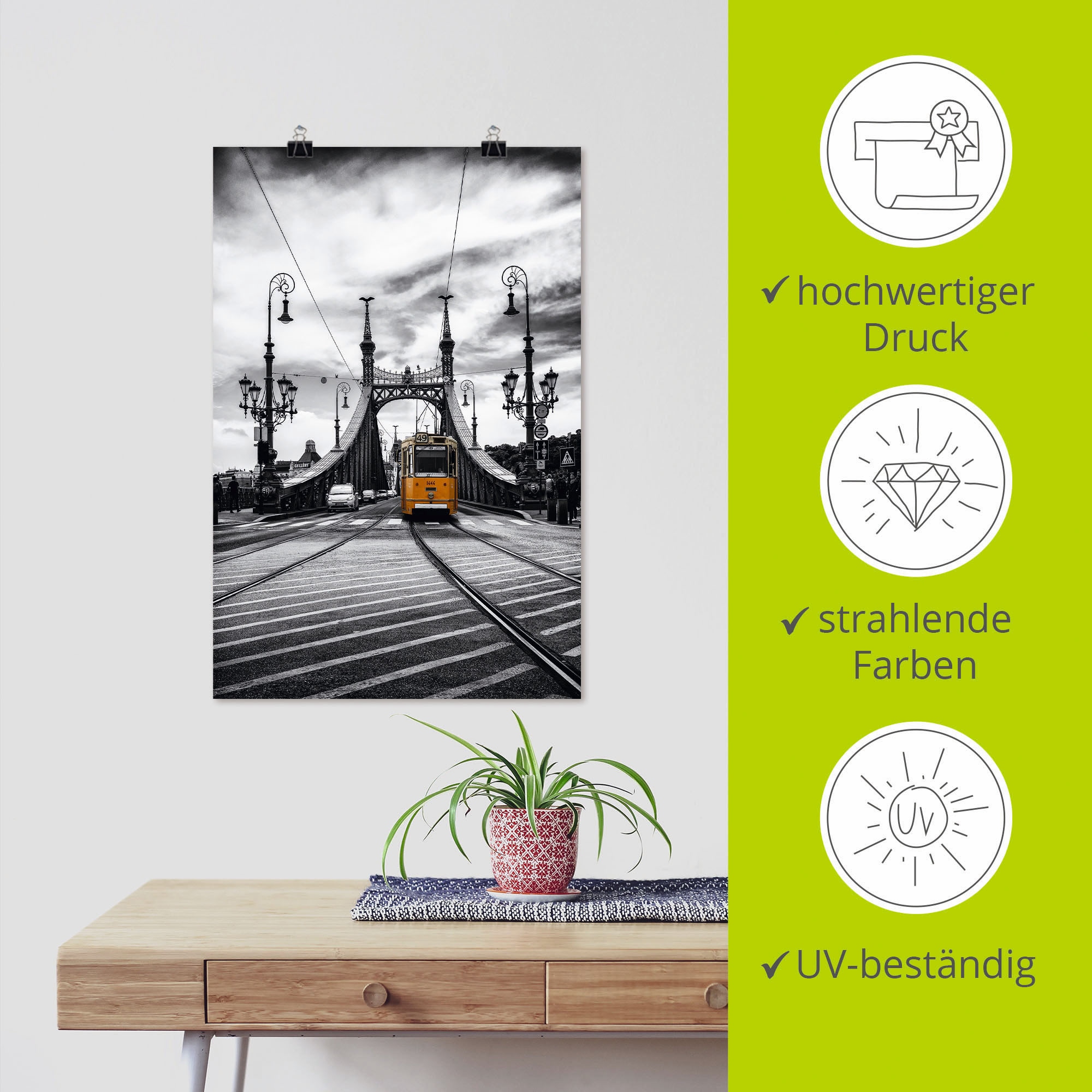 Artland Alu-Dibond-Druck »Budapest Freiheitsbrücke Straßenbahn«, Zugbilder, (1 St.), für Innen- und Außenbereich geeignet, Outdoorbild