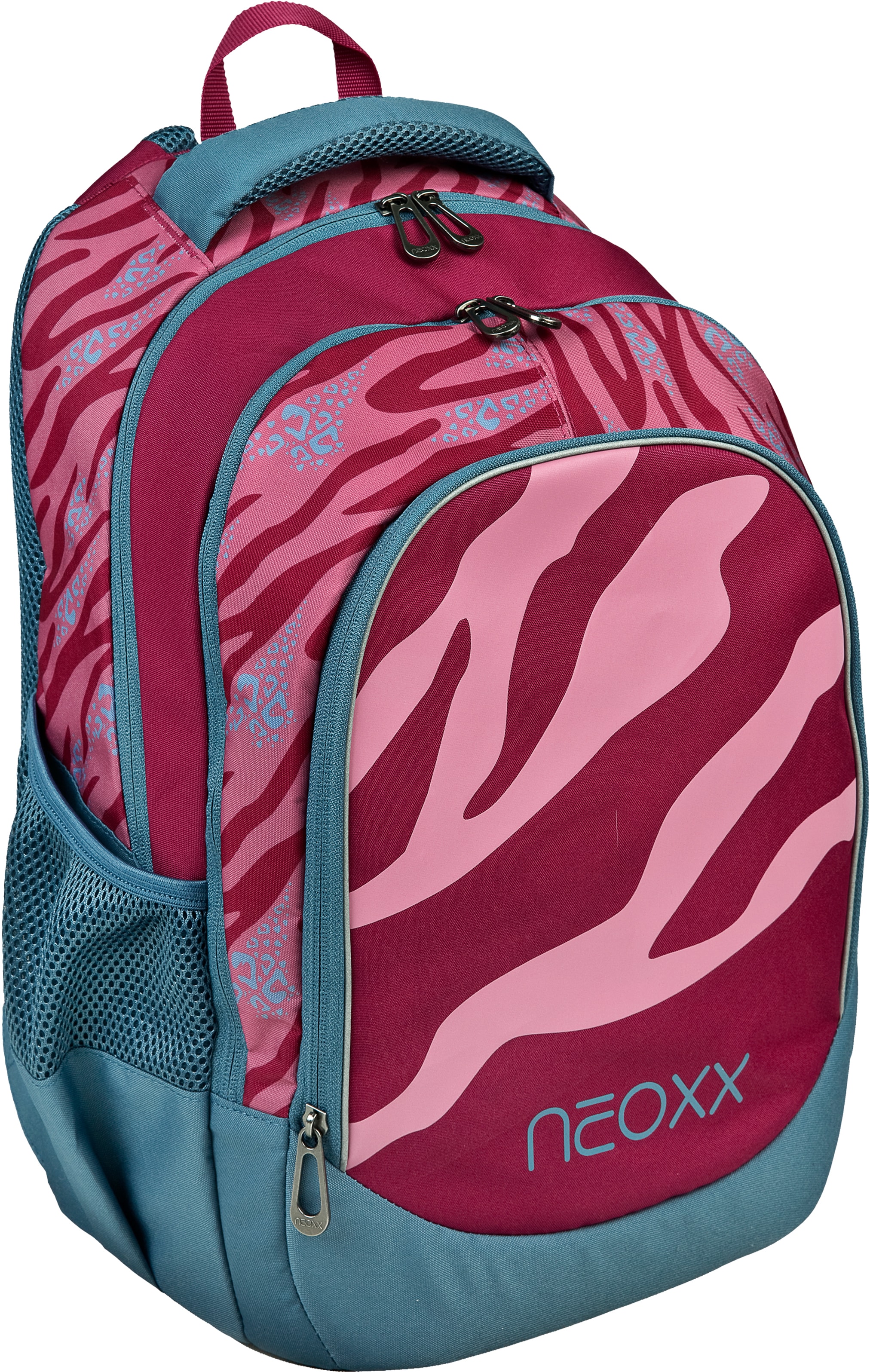 neoxx Schulrucksack »Fly, Berry Vibes«, Reflektionsnaht-Floureszierende Flächen, aus recycelten PET-Flaschen