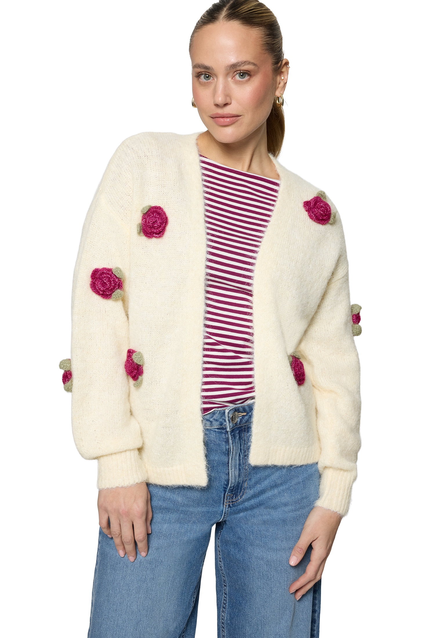 Zero Strickjacke "Damen mit bunten 3D Blumen" 1 Knopfleiste günstig online kaufen