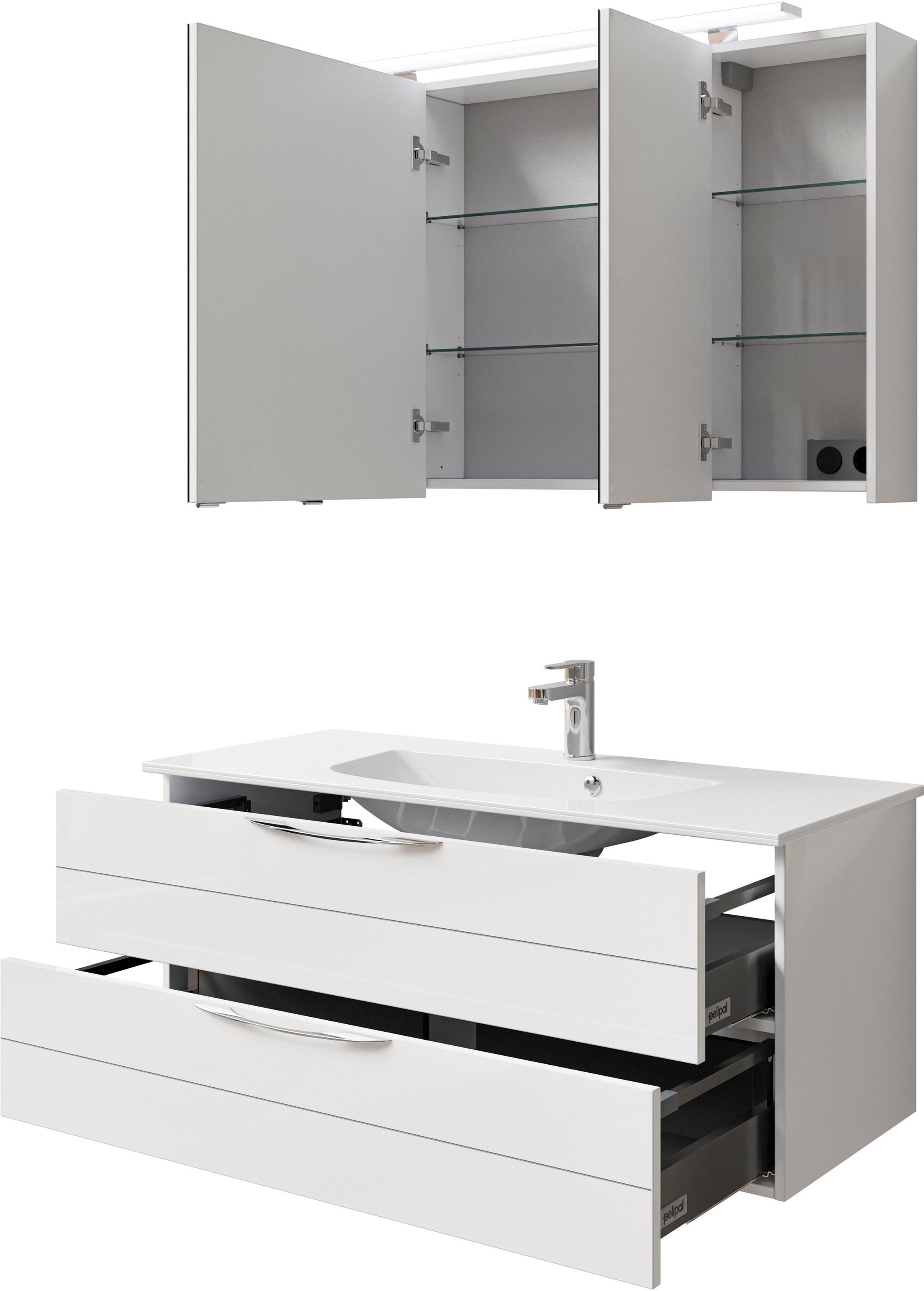 Saphir Badmöbel-Set »Serie 6025 2-teilig Mineralmarmor-Waschtisch mit LED-Spiegelschrank«, (2 St.), Waschplatz 117cm breit, 2 Schubladen, 3 Spiegel-Türen, inkl Türdämpfer