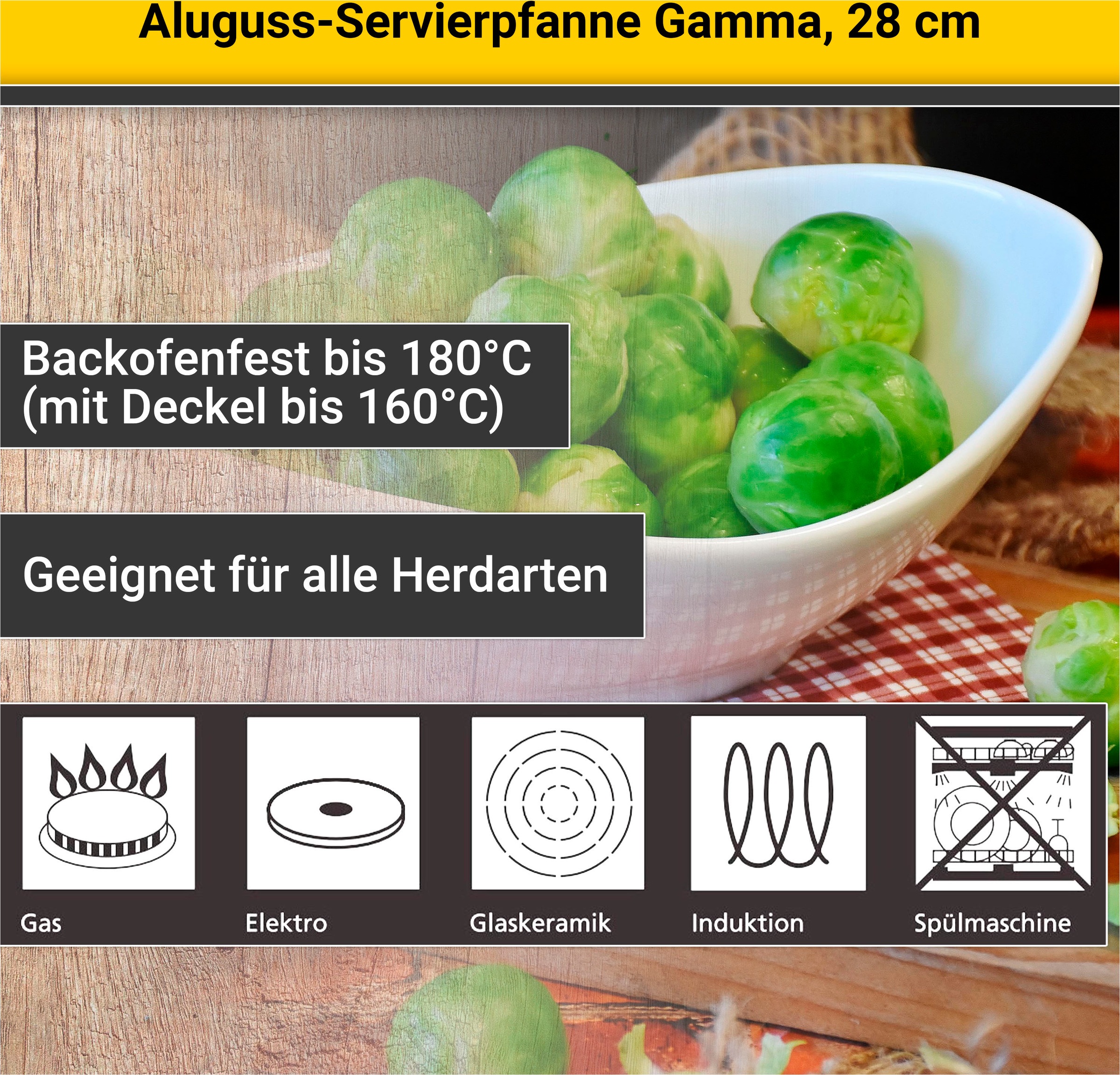 Krüger Servierpfanne »Aluguss Pfanne GAMMA mit Glasdeckel, 28 cm, mit abnehmbaren Griffen«, Aluminiumguss, für Induktions-Kochfelder geeignet, auch als Schmorpfanne verwendbar
