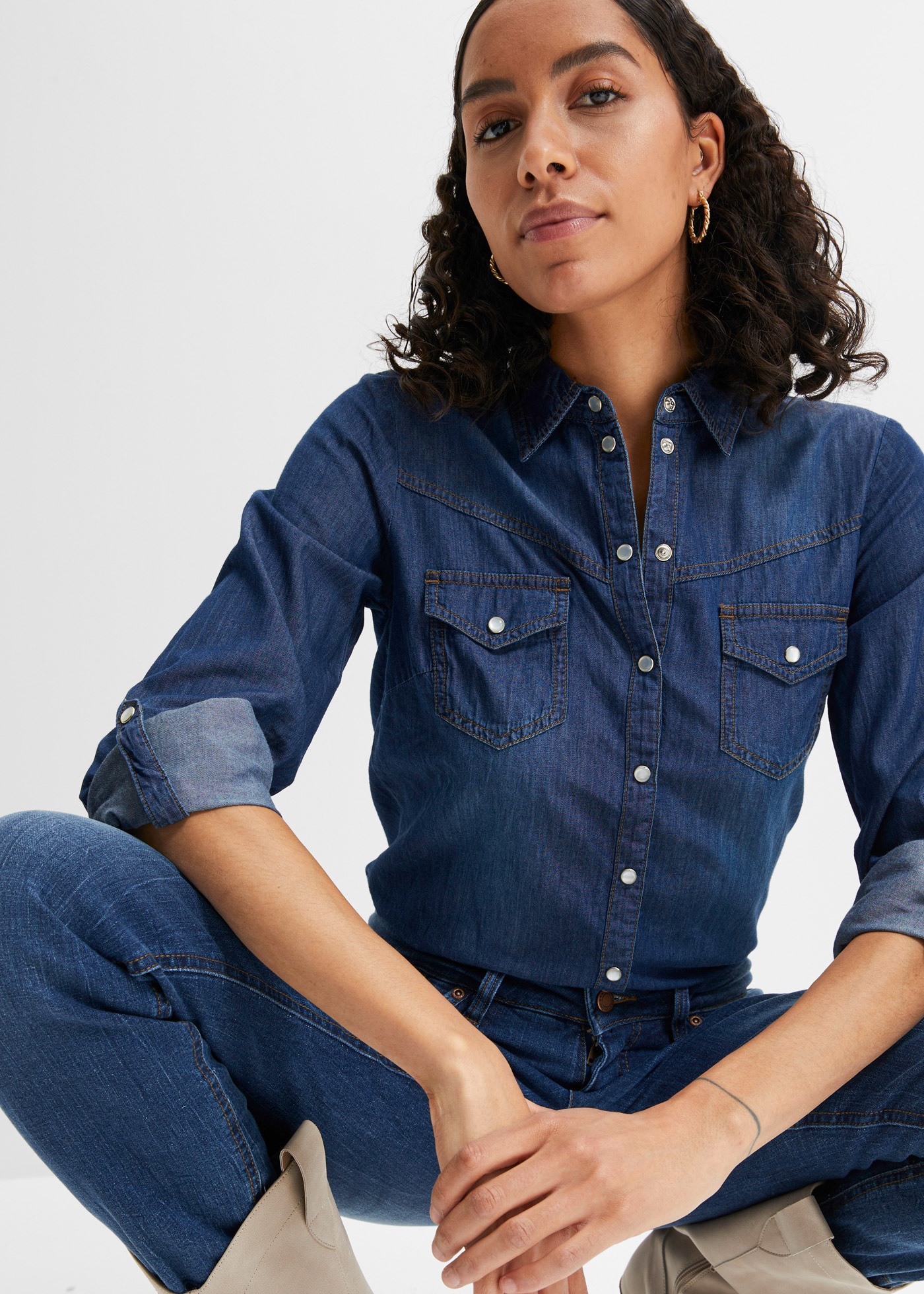 Jeansbluse BONPRIX, Damen, Gr. 42, blau, Denim/Jeans, Obermaterial: 100% Baumwolle, Abriebeffekte, unifarben, schmal normal, 1-Knopf-Manschette krempelbar, Blusen Jeansbluse, schmale Passform, aus reiner Baumwolle, mit Druckknopfleiste 3