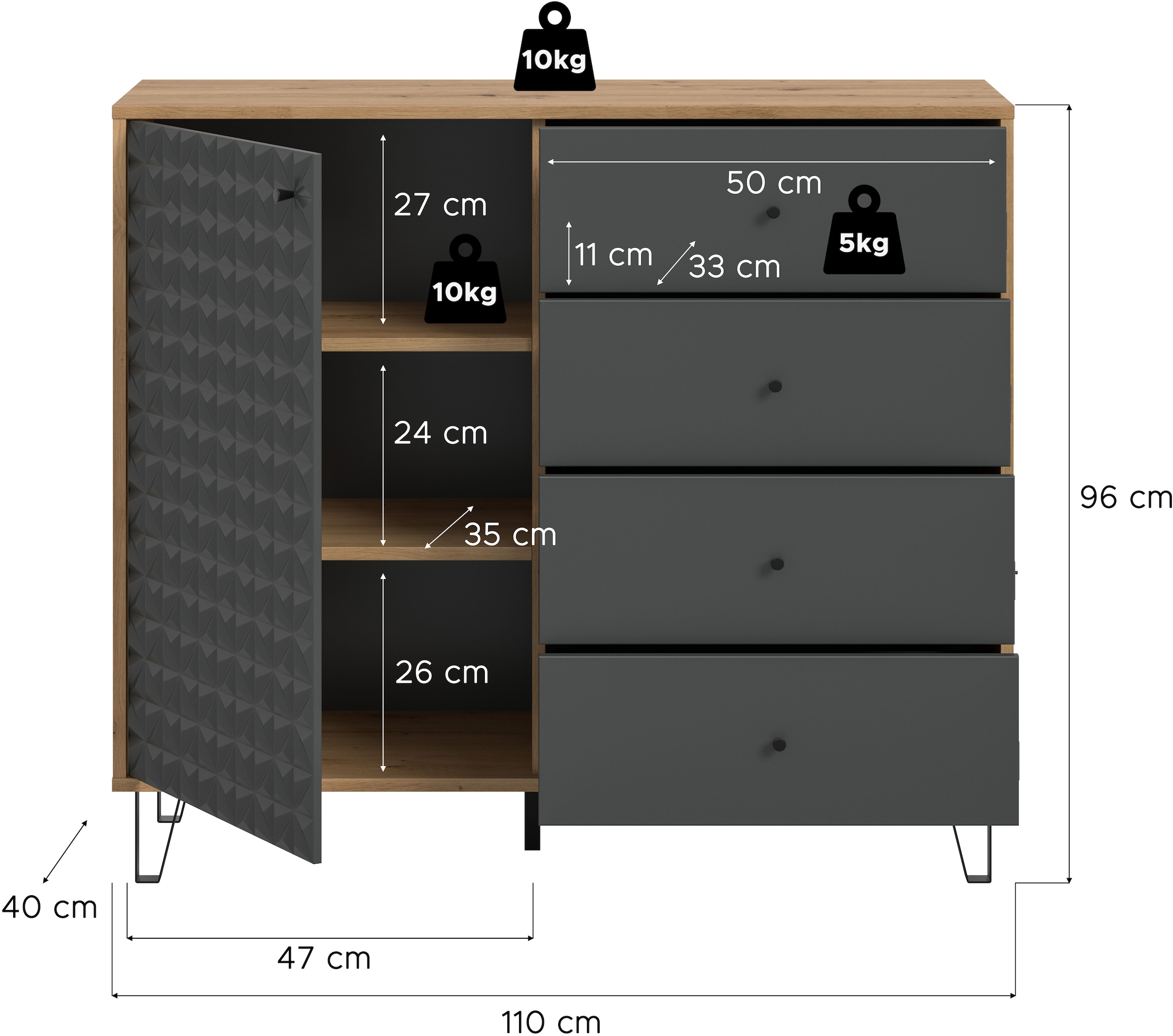 Home affaire Highboard »VICENZA, Breite 110cm, 1 Tür, 2 Einlegeböden, 3 Fächer, 4 Schubkästen« Kommode, Schrank, Anrichte, Board, Wohnzimmerschrank