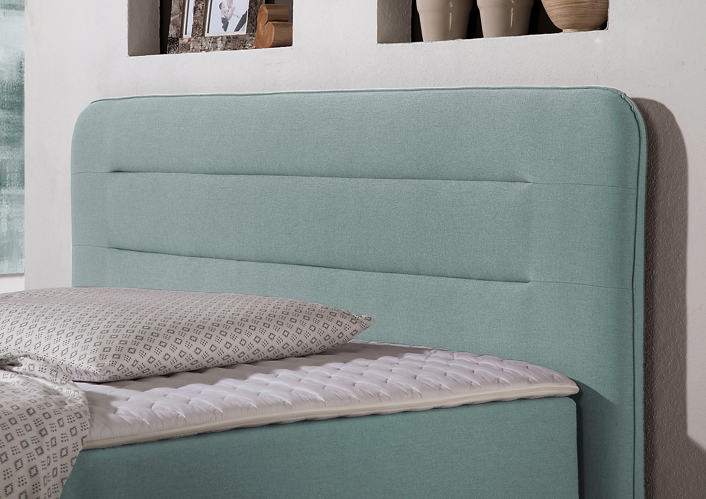 Boxspringbett HOME AFFAIRE "Manchester", blau (petrol), B:160cm L:208cm, Strukturstoff-Bezug (100% Polyester), Komplettbetten, Boxspringbett, 5 Breiten, 3 Ausführungen, 2 Härtegraden, Topper, Steppung 6