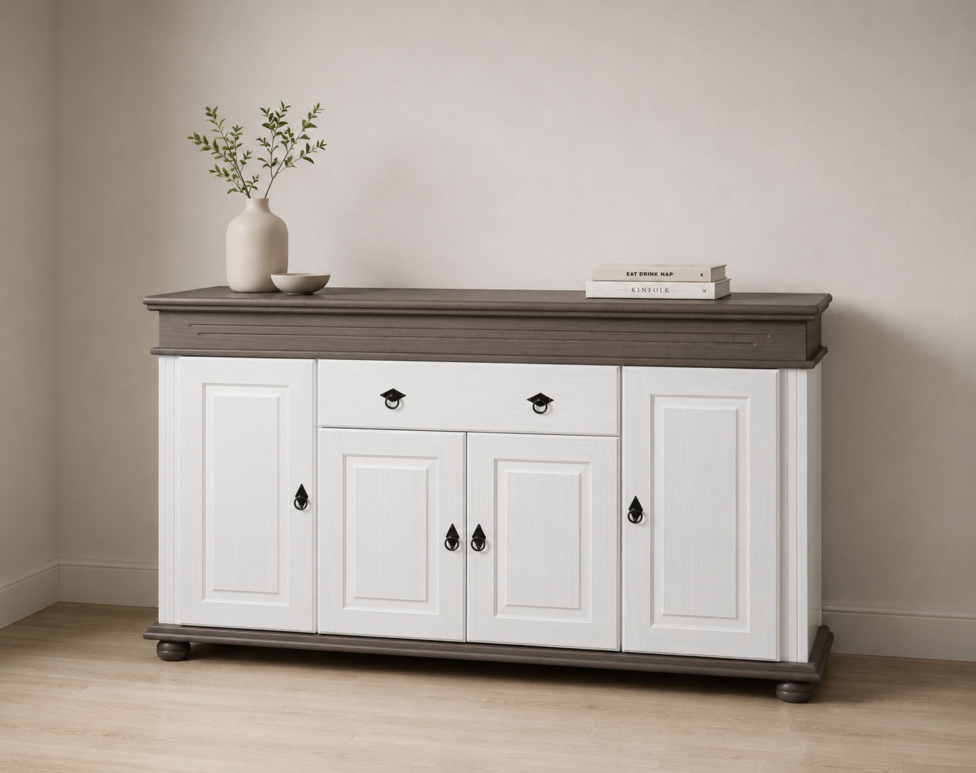 Inter Link Sideboard "Halmaro, Kiefer Massivholz, Soft-close, 181 x 46 x 100 cm, Stauraum" 1 Stk. tlg. Kommode in Weiss, Grau/Lava, Landhausstil, 4 Türen, 1 Schublade