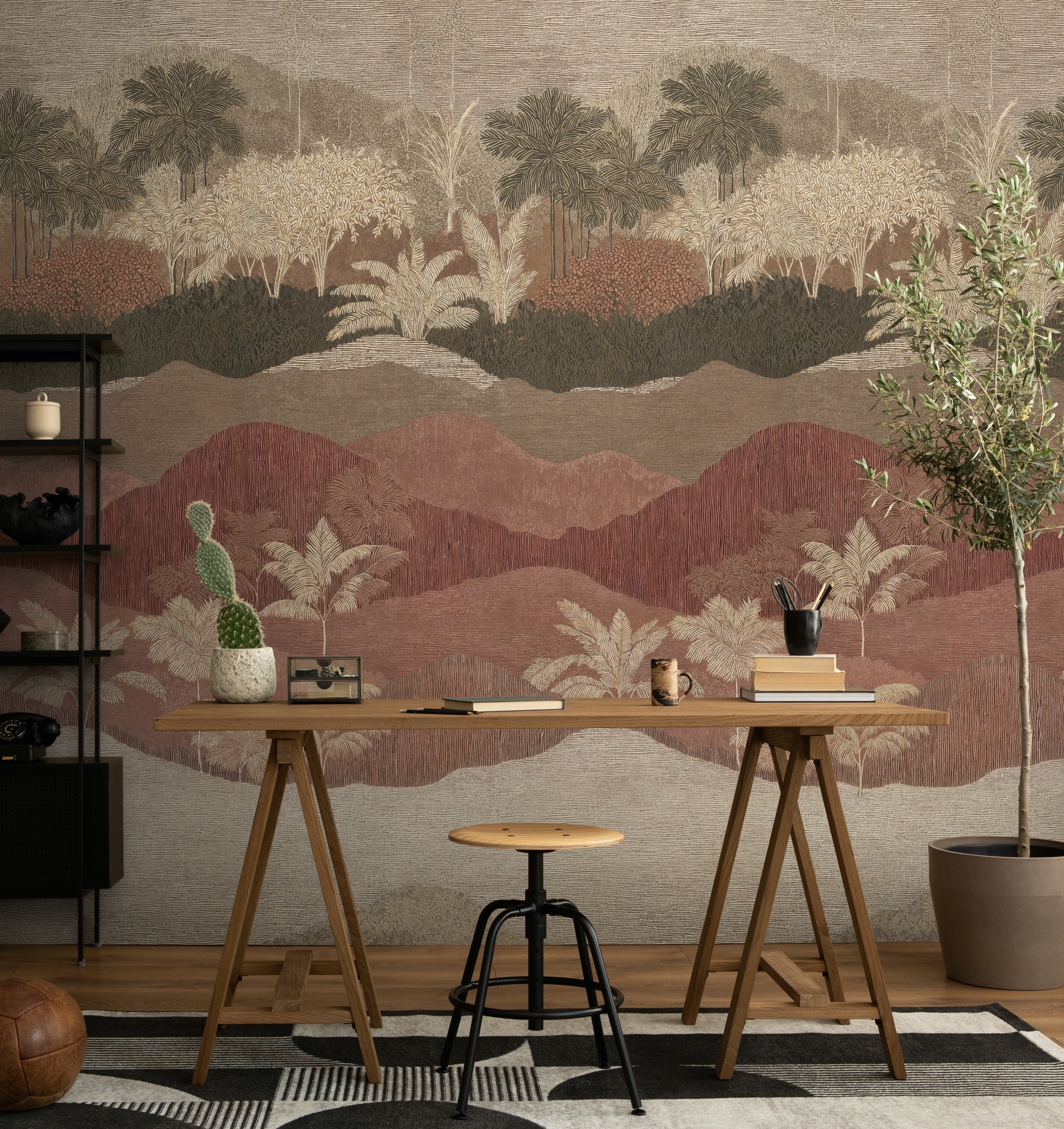 living walls "Vibes & Styles Caldera – Terra Tropica Fototapete" 3D-Optik leicht strukturiert Panorama Landschaft mit stilisierten Palmen und sanftem Tiefeneffekt
