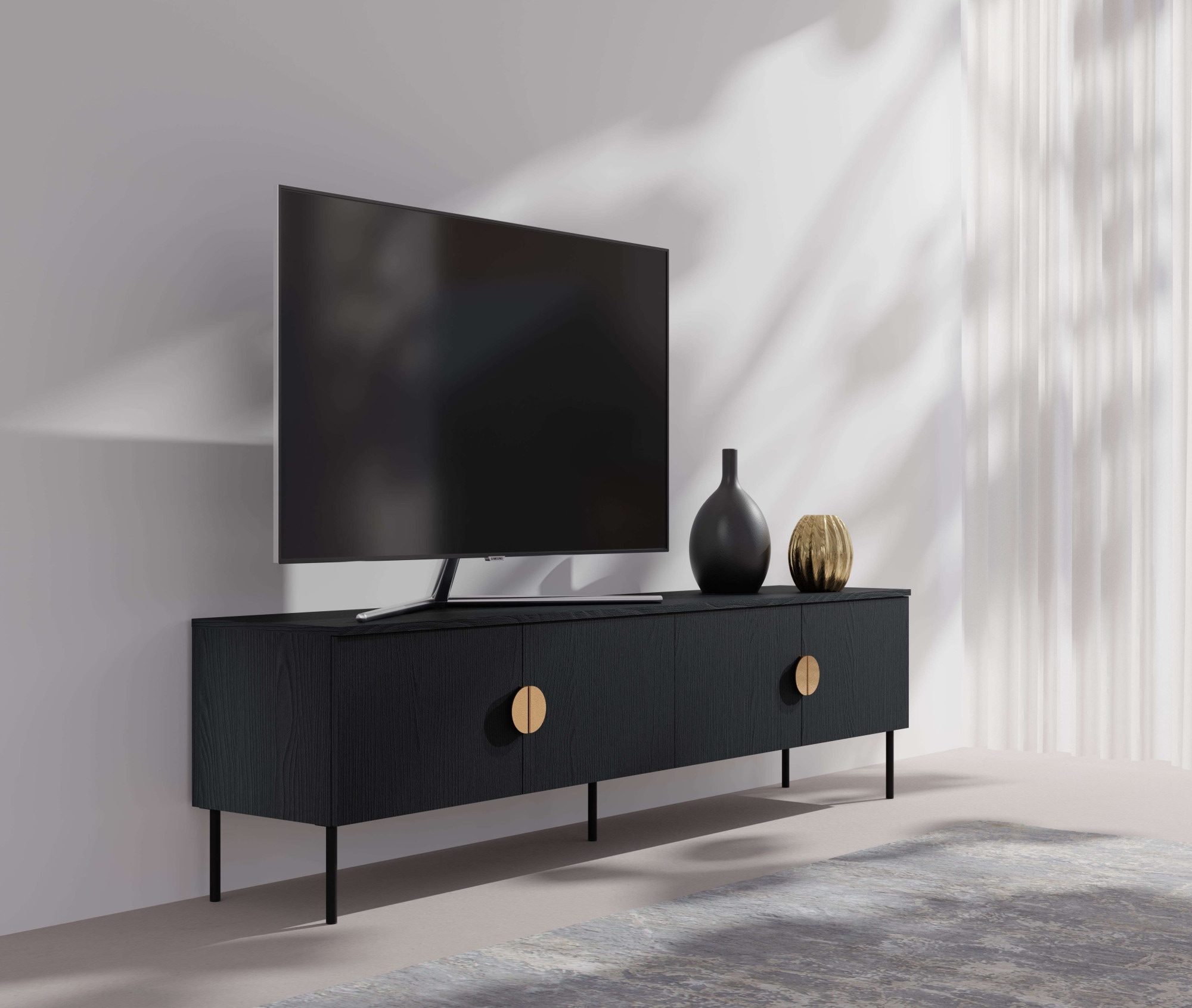 Leonique Lowboard »BELLOT TV-Schrank mit 2 Türen, Maße B/T/H: 160/40/53,6 cm«, (1 St.), schwarze Farbe, mit holzähnlicher Struktur