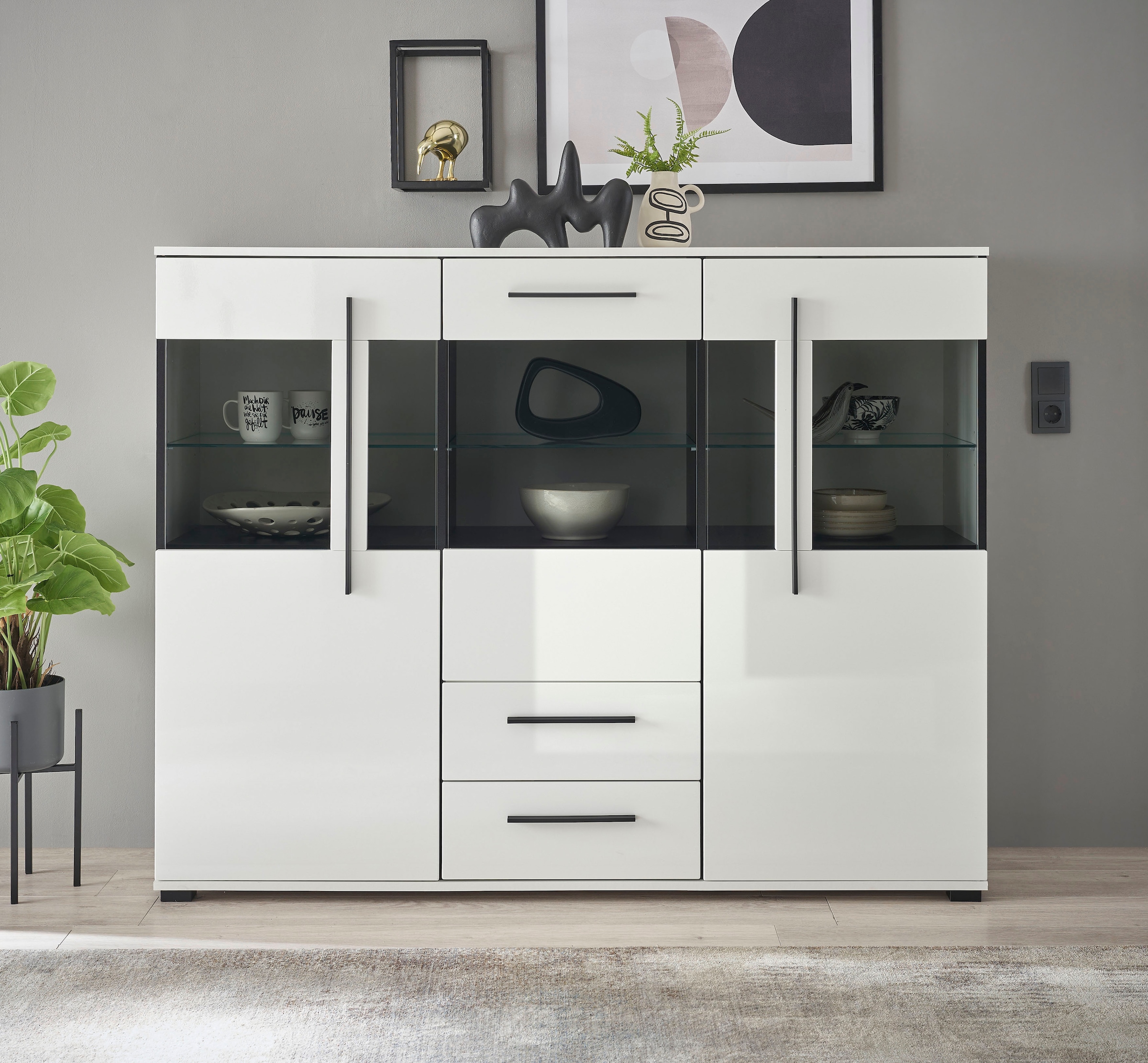 Home affaire Highboard "Cantara, moderner Schrank, Vitrine in Eiche Dekor, Weiß oder Kaschmir" schwarze Stangengriffe, ausreichend Stauraum, vielseitig einsetzbar
