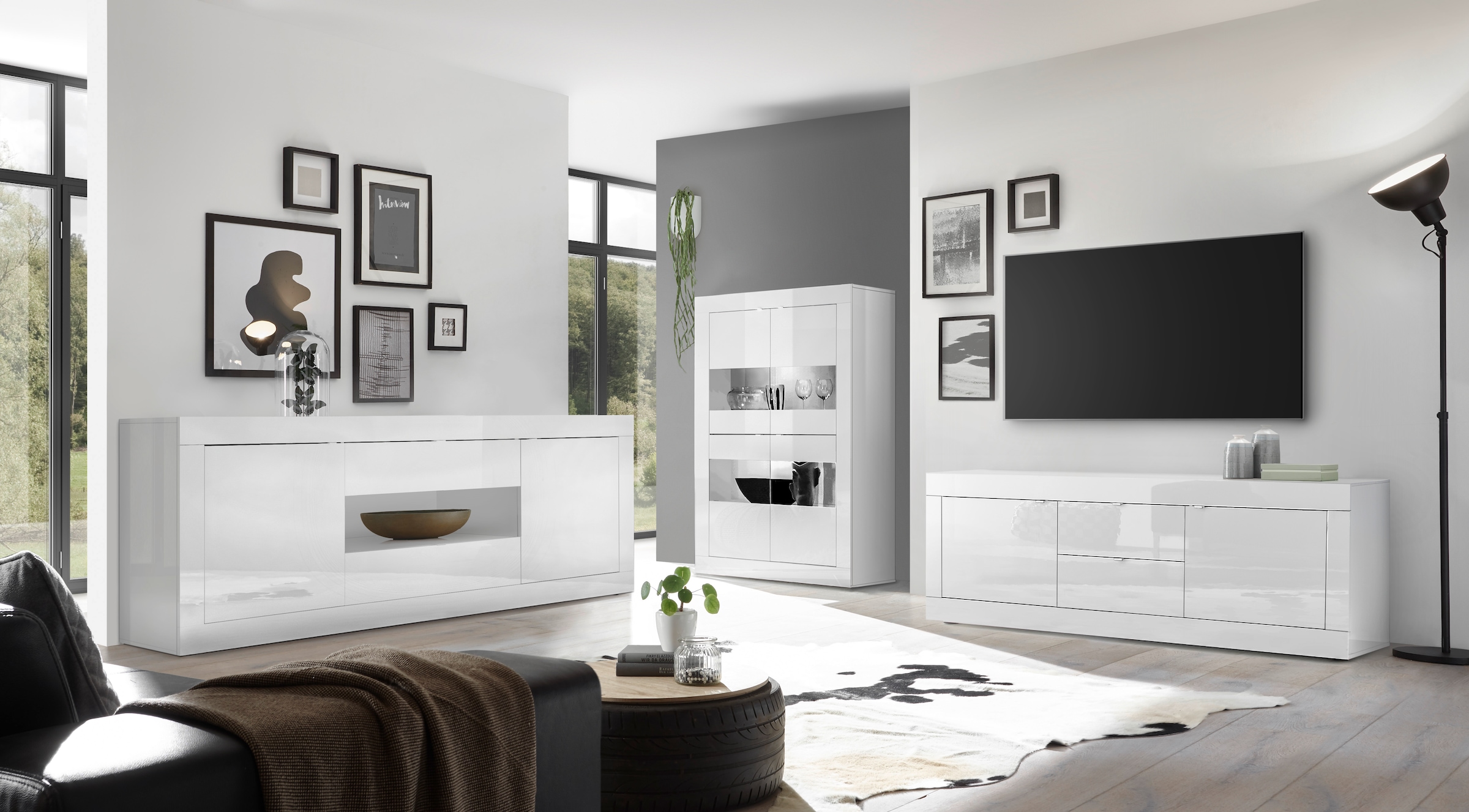 INOSIGN Sideboard »Basic Breite 240 cm, Kommode 2 Türen, 2 Schubkästen, Anrichte,«, Weiss HochglanzLack, Metallgriff, moderne Rahmenoptik, viel Stauraum