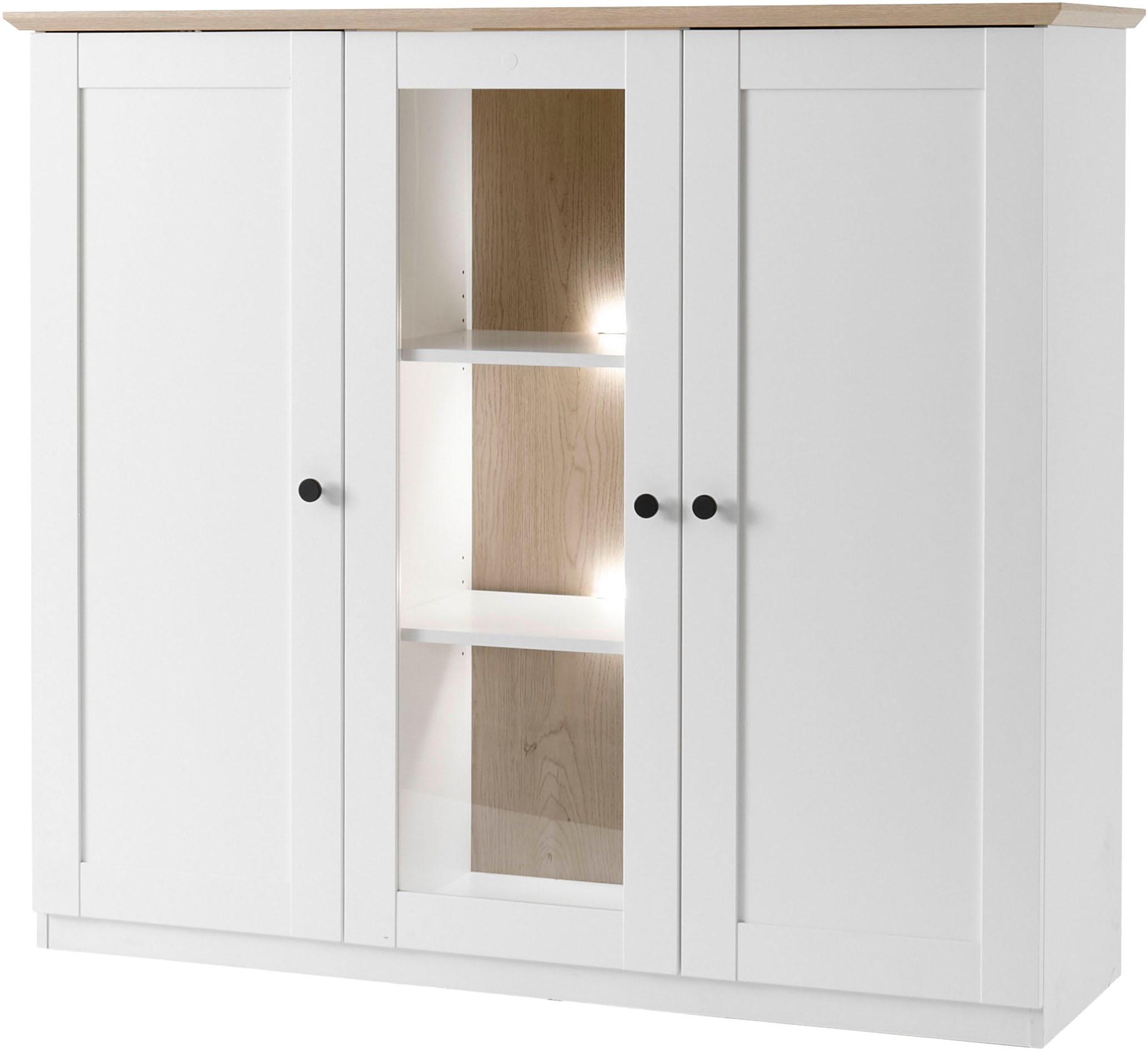 OTTO home Highboard »Brest, Schrank im Landhausstil, Sideboard, zeitloses Stauraumelement« schwarze Metallgriffe, ausreichend Stauraum, Glastür, 139 cm breit