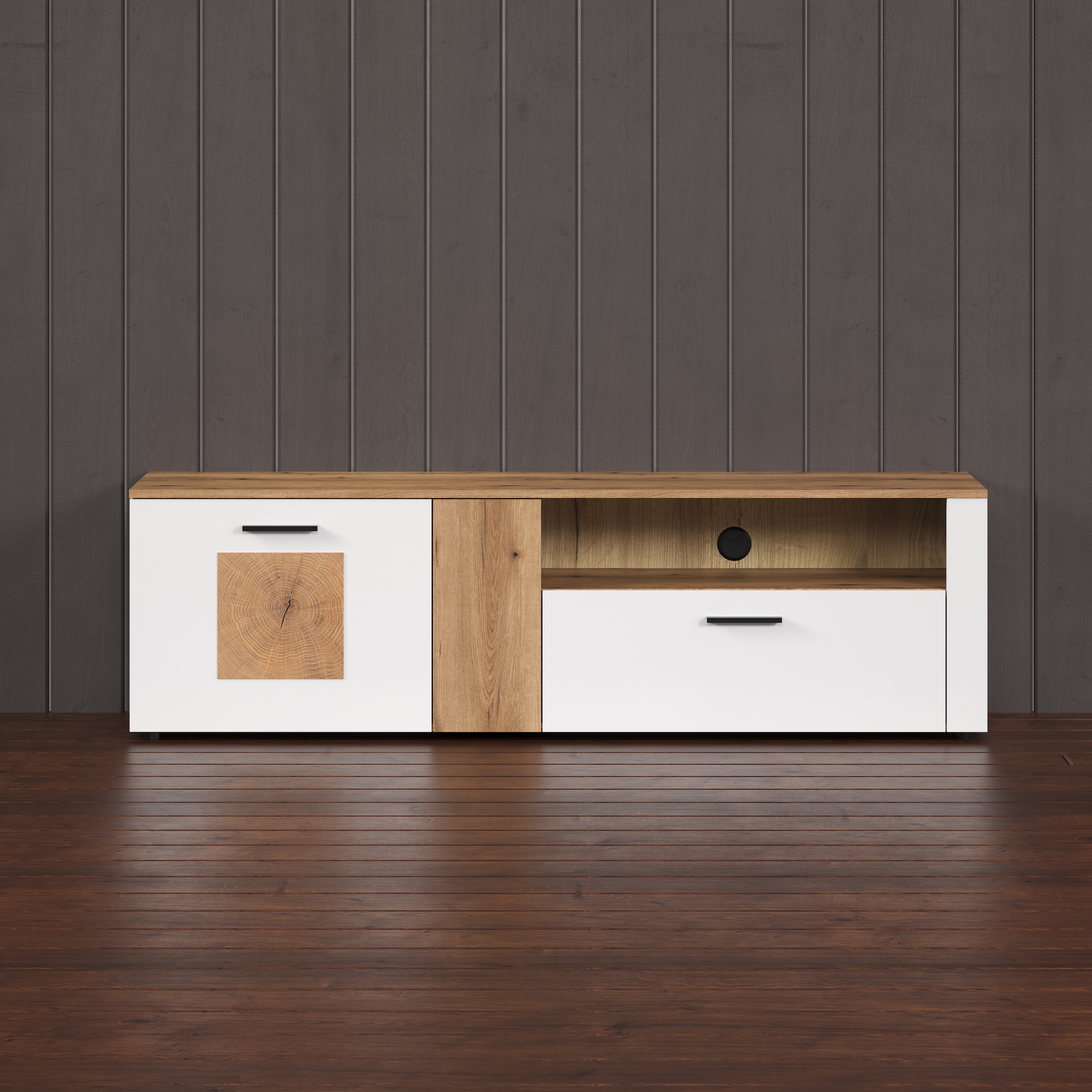 INOSIGN TV-Schrank »Linz«, (1 St.), Lowboard in Weiß/Eiche mit Hirnholzapplikationen - 170/42/50 cm