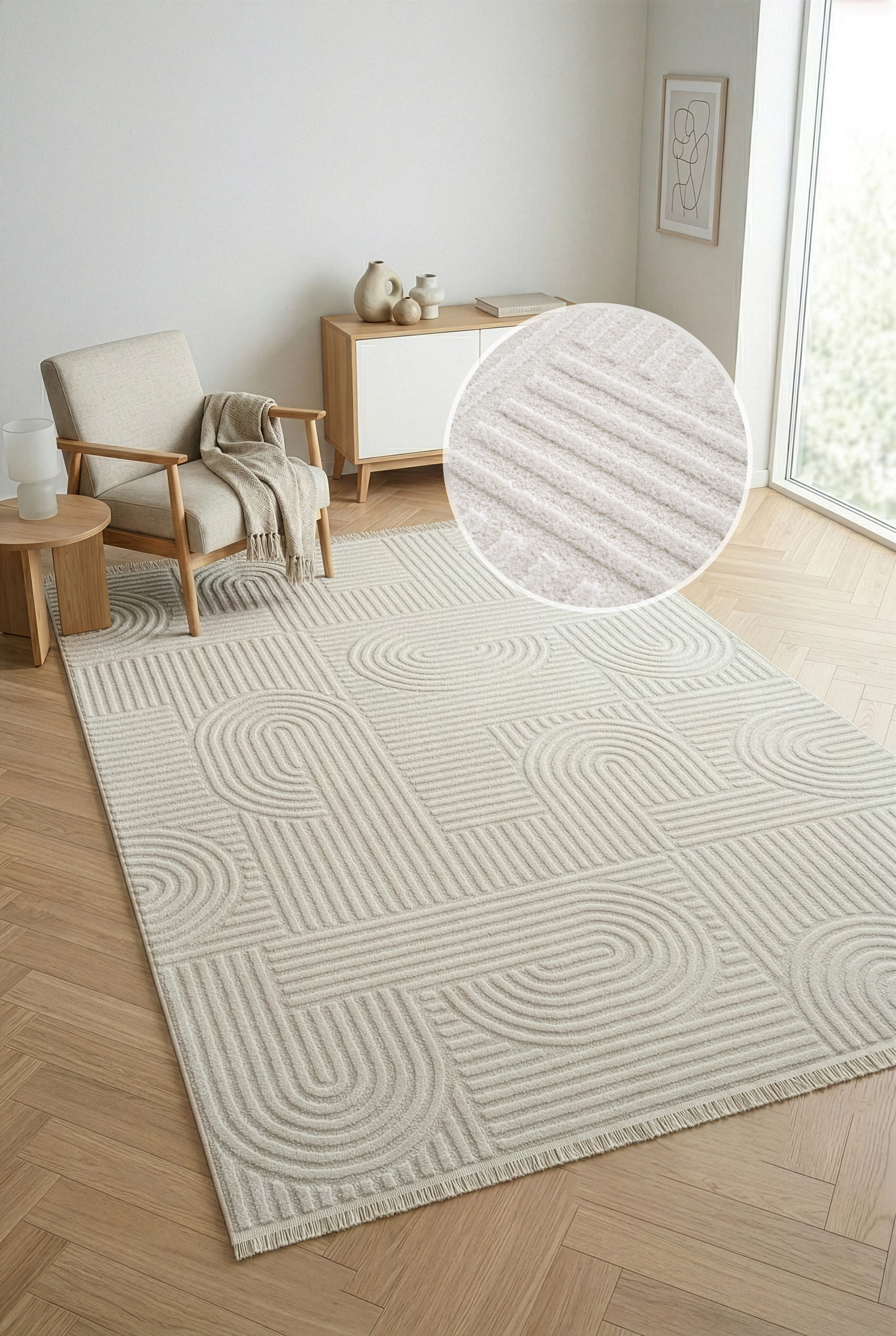 OTTO home Teppich "Jonnis, mit Fransen, Boho-Design, Scandi, Designteppich" rechteckig 9 mm Höhe Hoch-Tief, 3D Optik, skandinavischer Stil, Wohnzimmer, Schlafzimmer