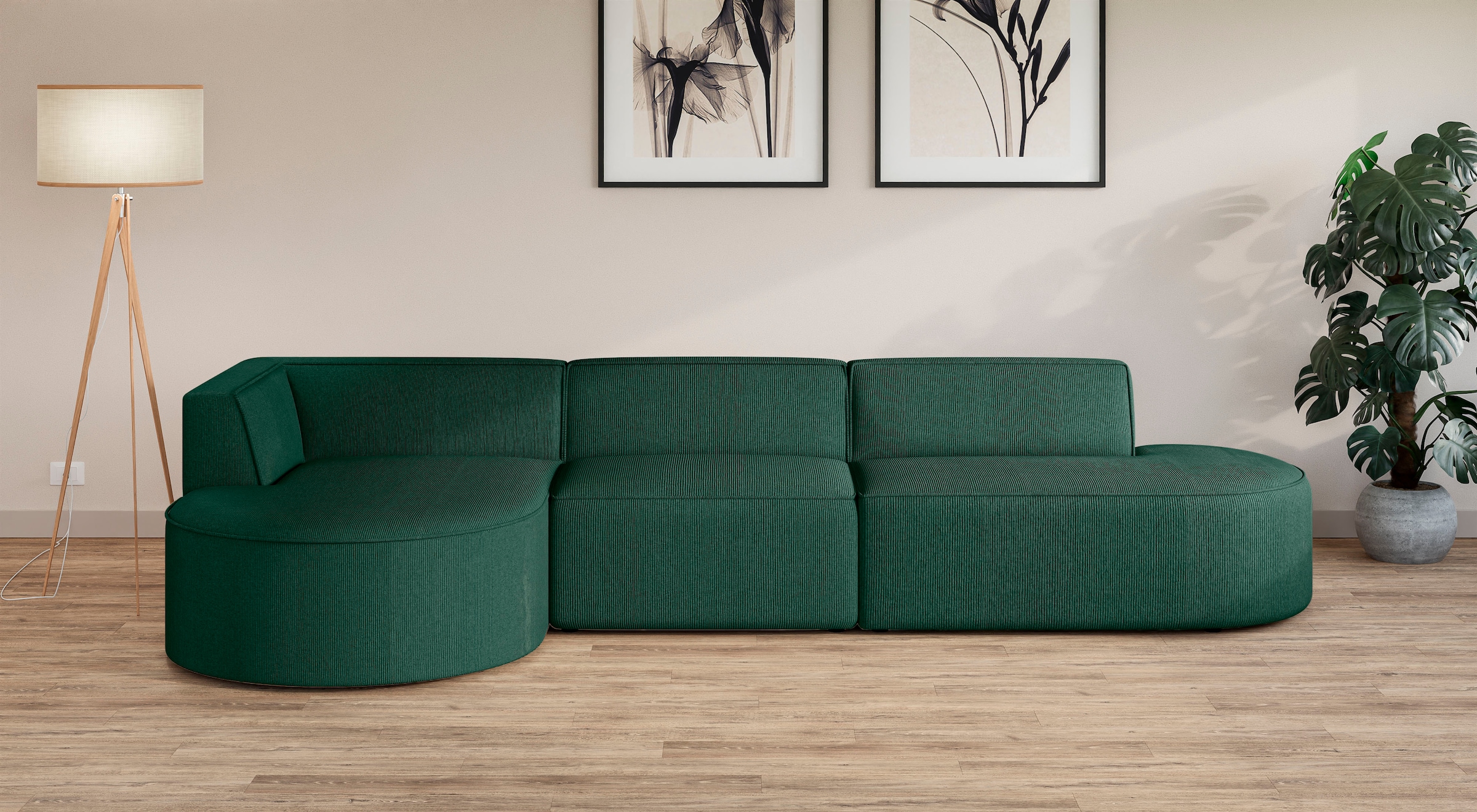 andas Ecksofa »Ecksofa EIVIND mit Ottomane rechts/links, Maße: B/H/T 343/159/72 cm«, L-Form mit Wellenunterfederung, auch in Feincord und Bouclé