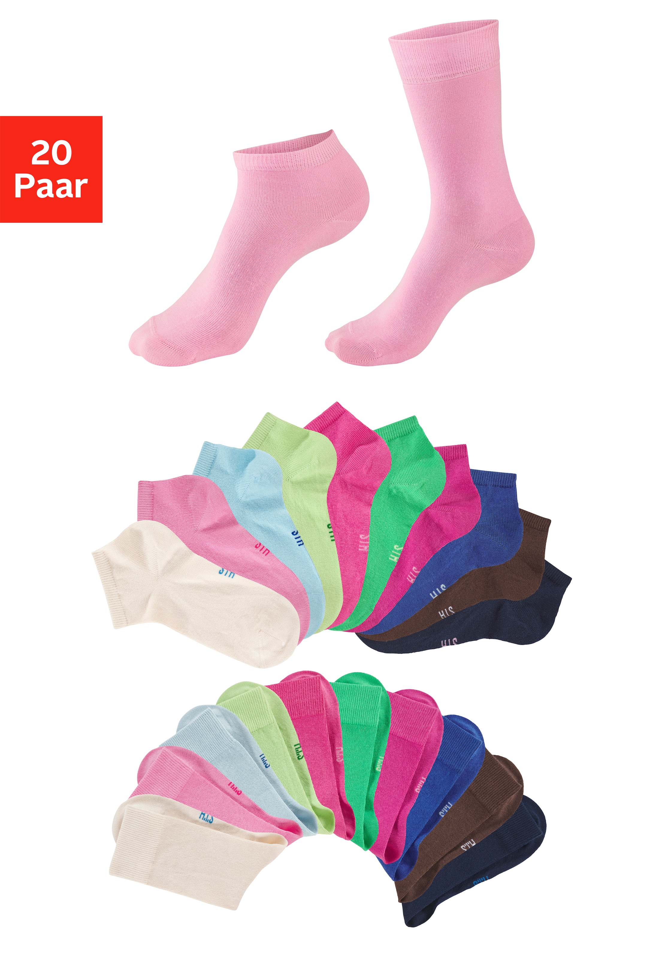 H.I.S Basicsocken "Damen und Herren Atmungsaktiver Baumwollanteil; Business, Basic" Packung, 20 Paar tlg. zwei Längen im Kombi Pack