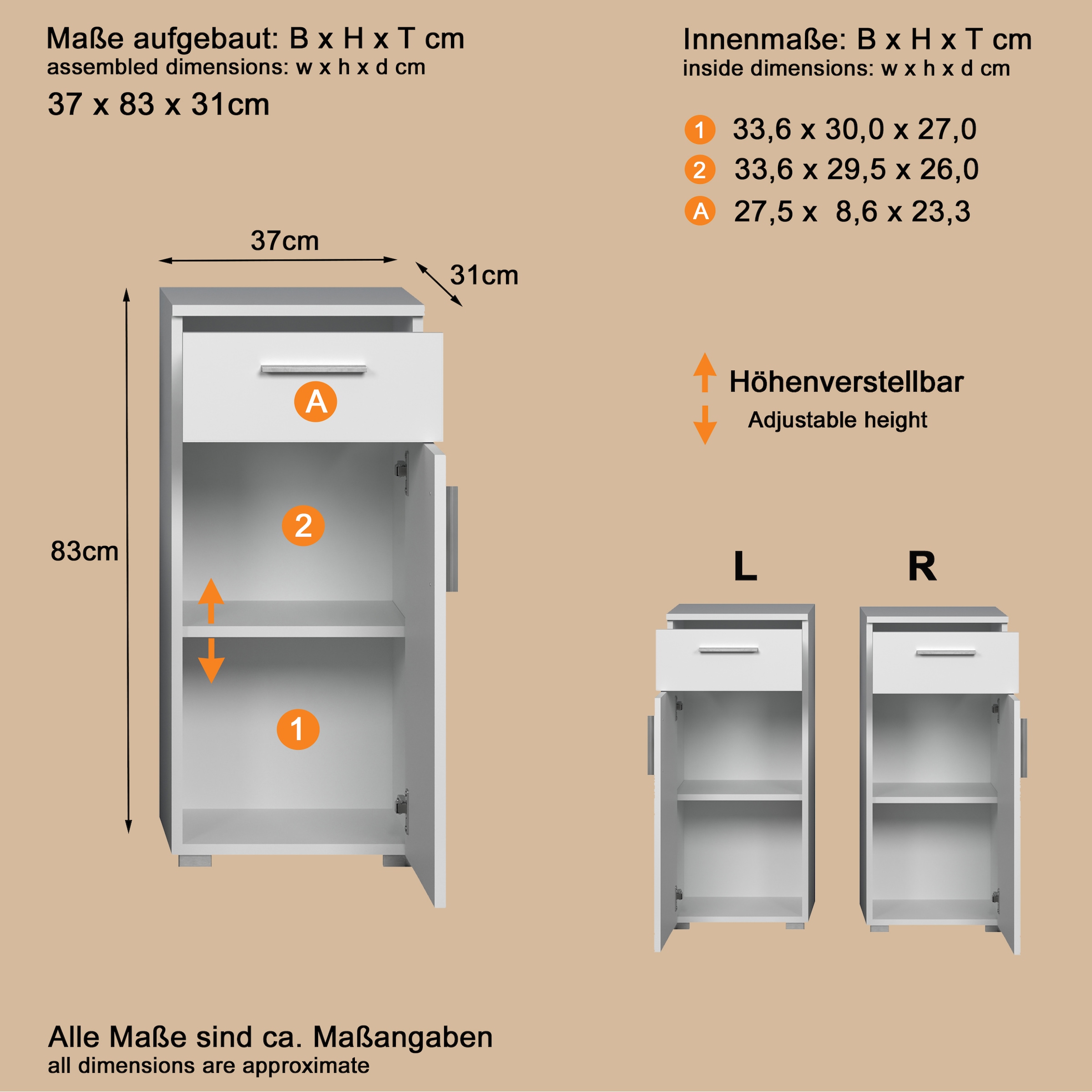 welltime Unterschrank »Prag«, (1 St.), Standschrank mit 1 Tür, 1 Schublade - (B/T/H) 37/31/83 cm