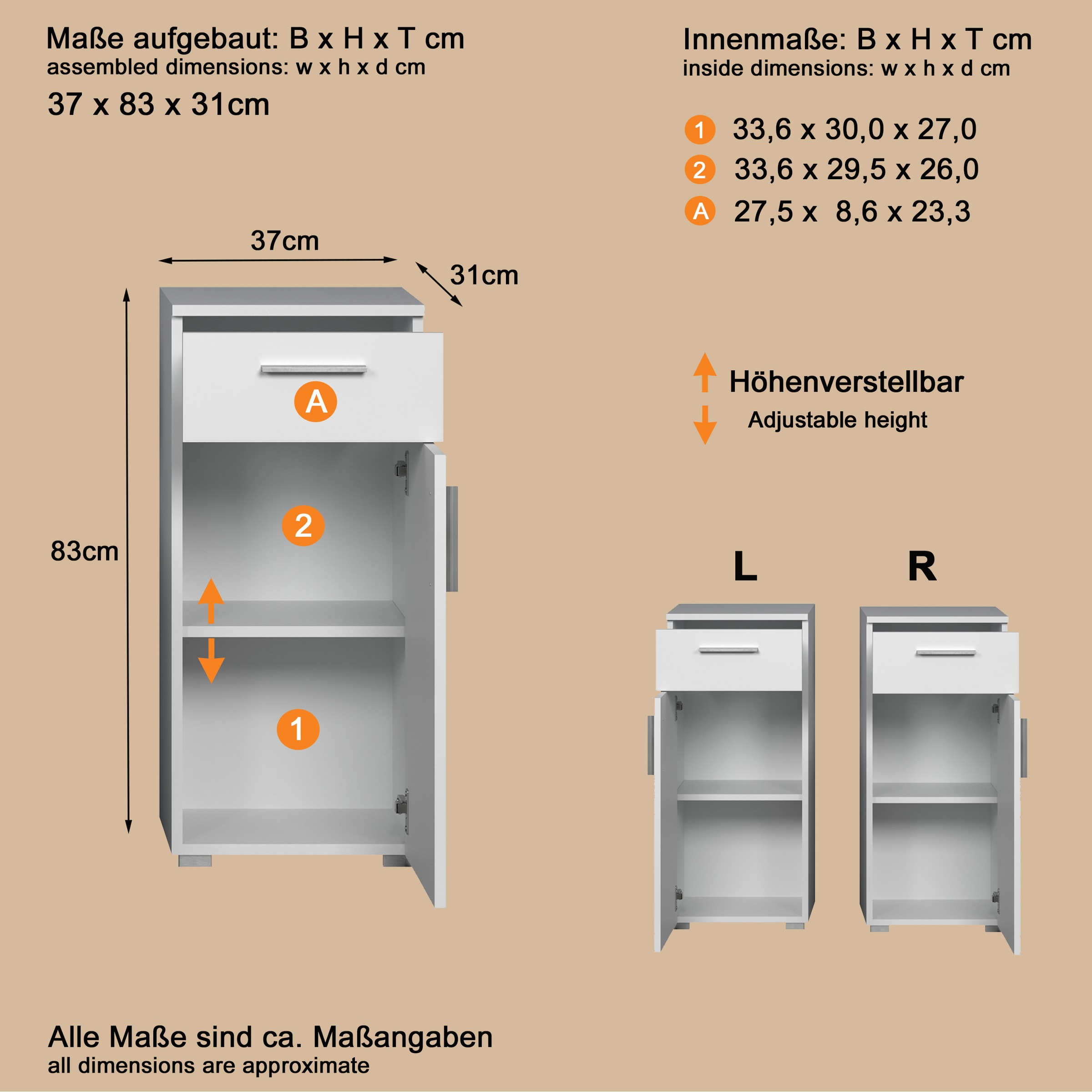 Thumbnail - welltime Unterschrank "Prag" 1 Stk. tlg. Standschrank mit 1 Tür, 1 Schublade - (B/T/H) 37/31/83 cm