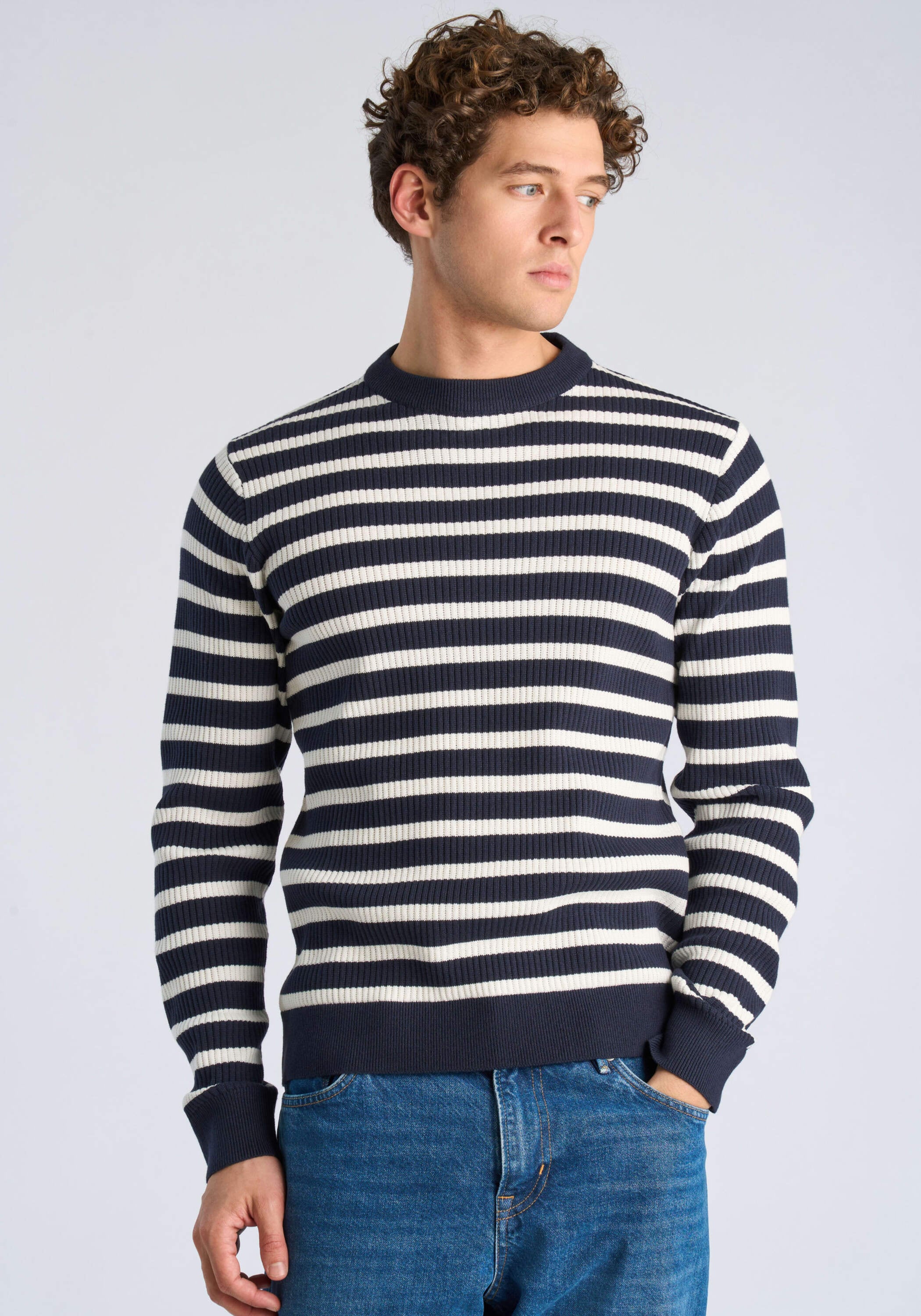 Strickpullover LINDBERGH "Strickpullover Relaxed Fit", Herren, Gr. L, navy, Obermaterial: 60% Baumwolle, 40% Polyester, gestreift, Rundhals, Pullover Strickpullover
