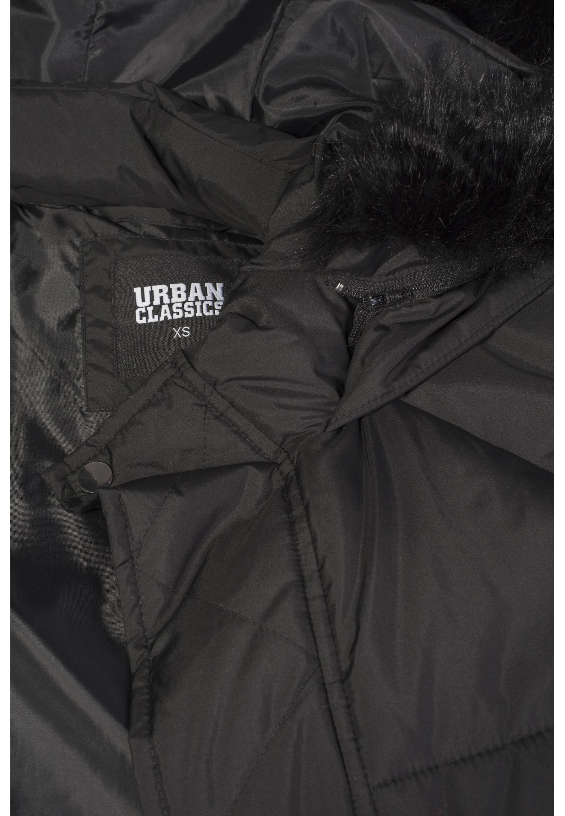 URBAN CLASSICS Winterjacke »Urban Classics Damen Ladies Oversize Faux Fur Puffer Coat« 1 Stk. tlg. mit Kapuze