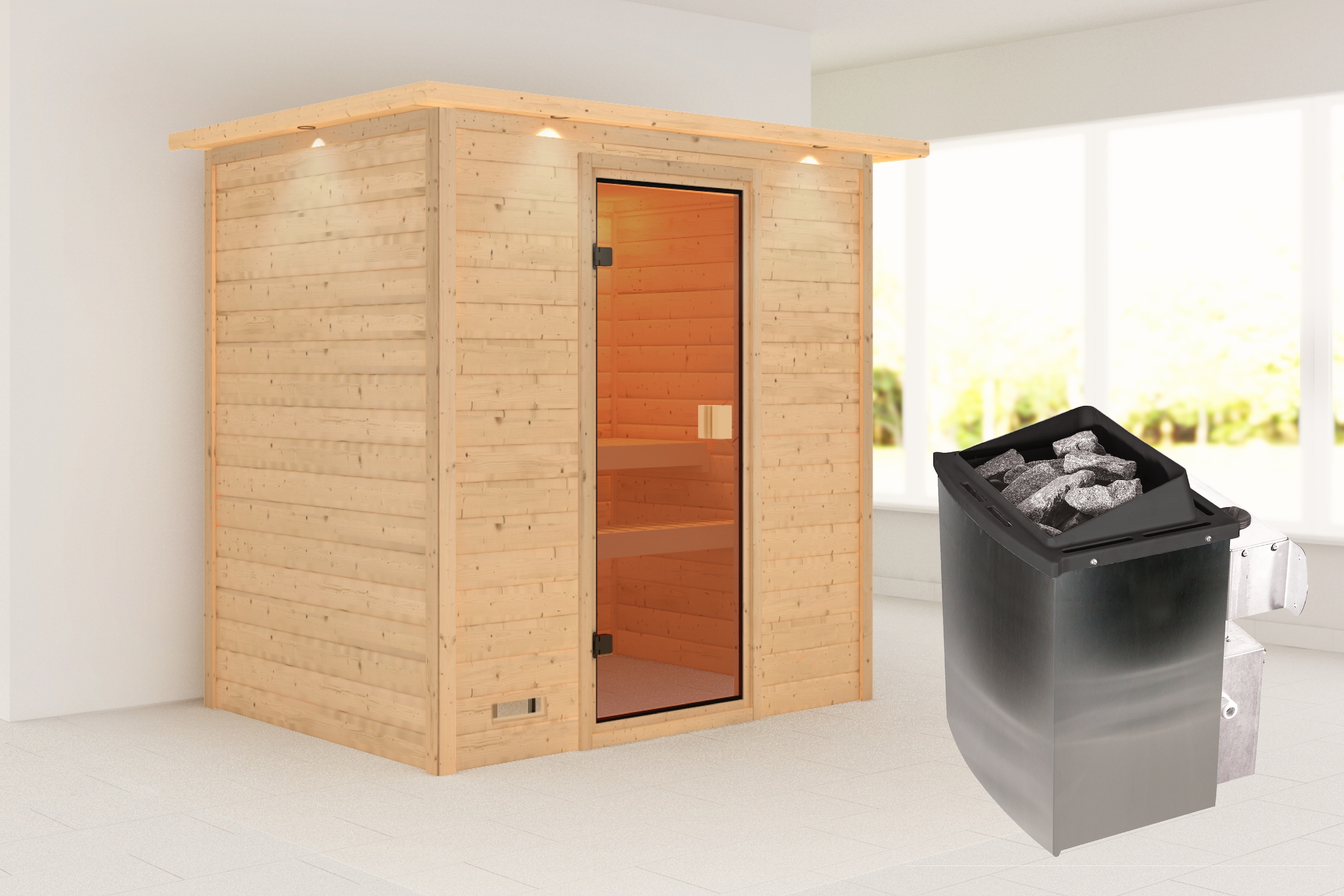 Karibu Sauna ""Sunie" mit bronzierter Tür und Kranz, naturbelassen, mit Ofen 9 kW" aus hochwertiger nordischer Fichte