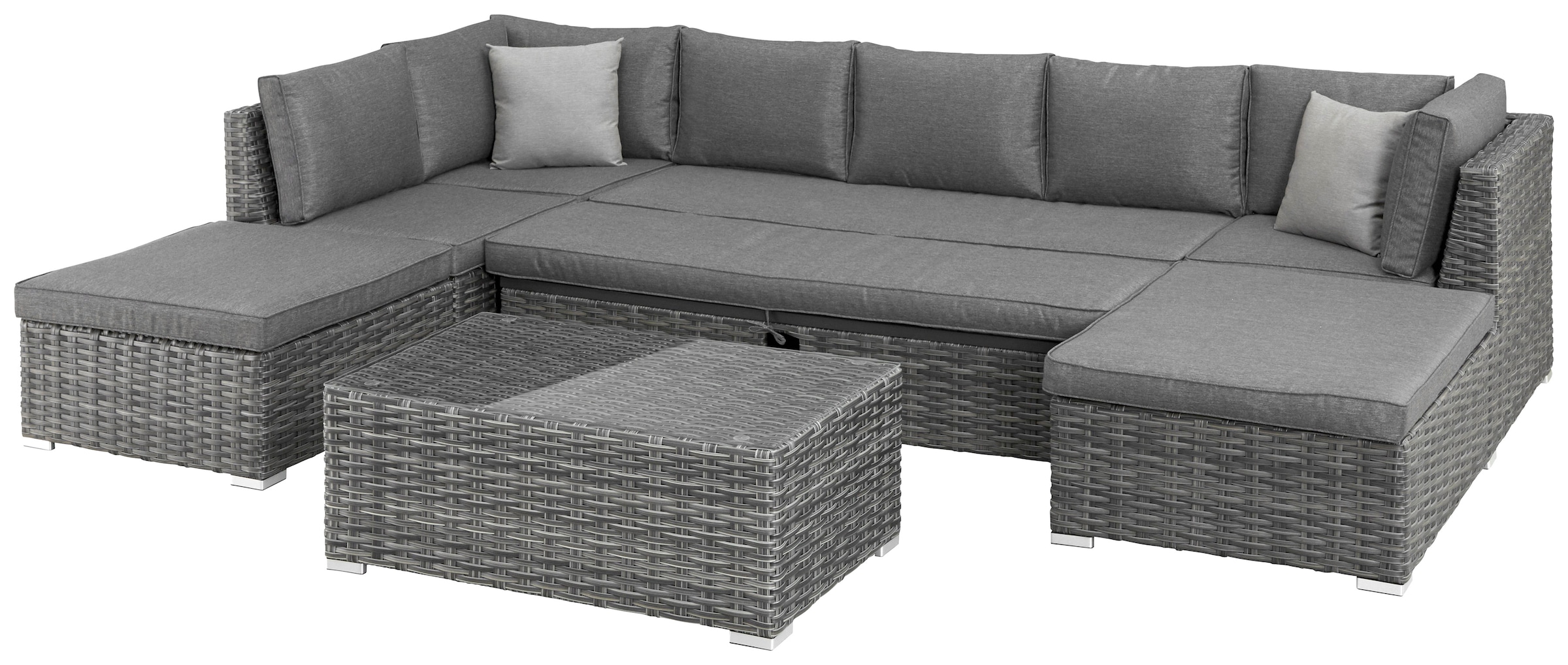 KONIFERA Gartenlounge-Set »New York«, (21 tlg., 1x 3er AZ-Sofa, 1x Ecke, 1x Sessel, 1x Ottomane mit Staufach, 1x Tisch), Tisch 110x65 cm, Aluminium,Polyrattan,individuell stellbar,10 Personen