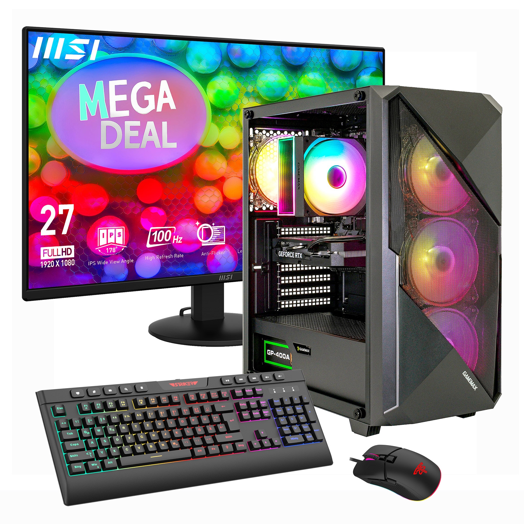 GAMEMAX Gaming-PC-Komplettsystem »MegaDeal Striker 2825 AMD Ryzen 7 5700X 16GB 480GB SSD RTX 5060« 27 ″ AMD Ryzen 7 GeForce RTX™ 5060 16 GB RAM 480 GB SSD Windows 11 + MSI PRO MP272L LCD-Monitor, 68,6cm (27")