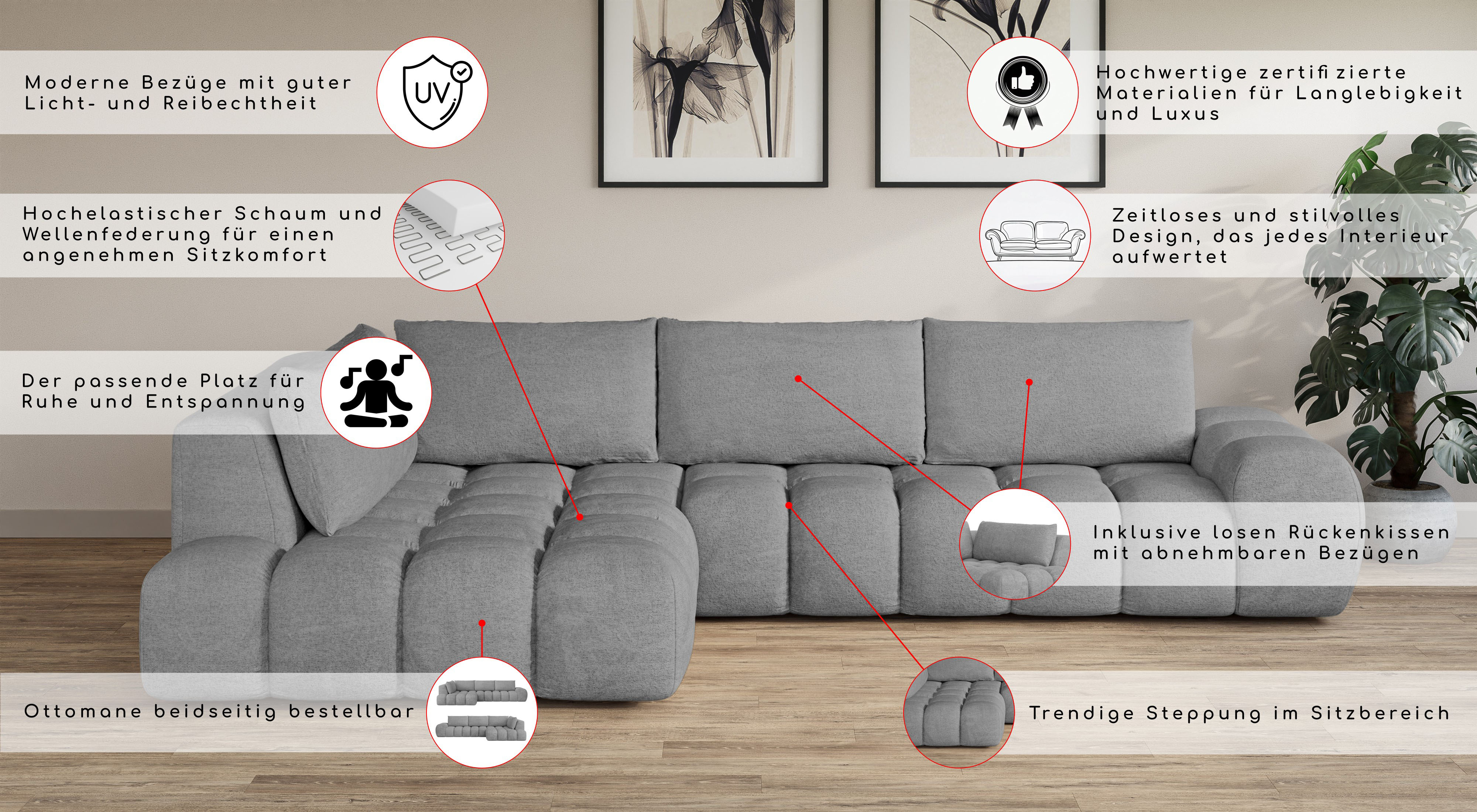 Thumbnail - INOSIGN Ecksofa "AZITA Designsofa, elegant und bequem L-Form, Bubble-Optik", lose Rückenkissen, traumhafte Steppung, Maß...