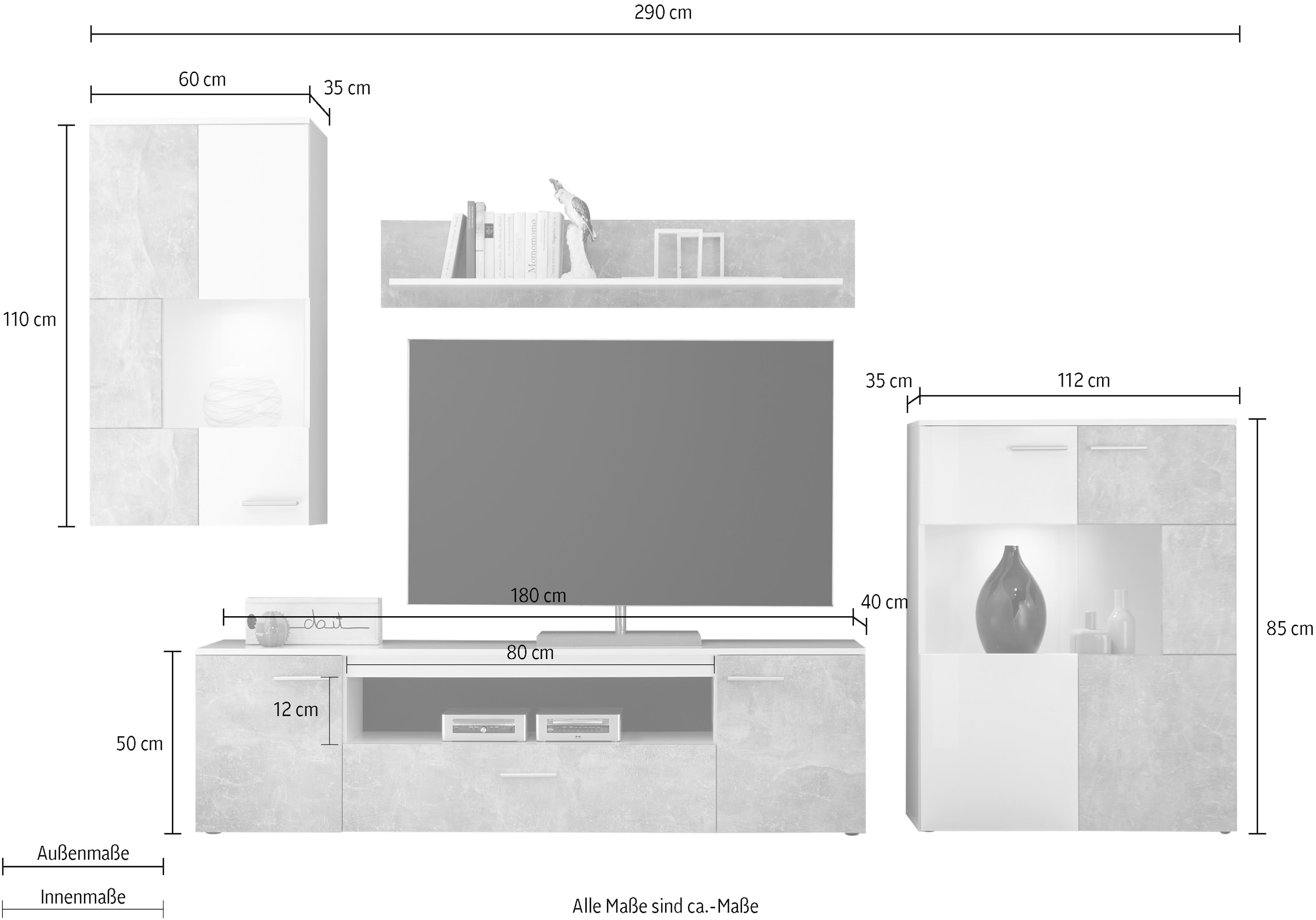HBZ Wohnwand »Vulcan inkl. LED-Beleuchtung Weiß-Beton, BxHxT 290x194x40 cm«, (Set, 4 St.), Mit 1 Hängevitrine, 1 Stauraumschrank, 1 Lowboard, 1 Wandregal