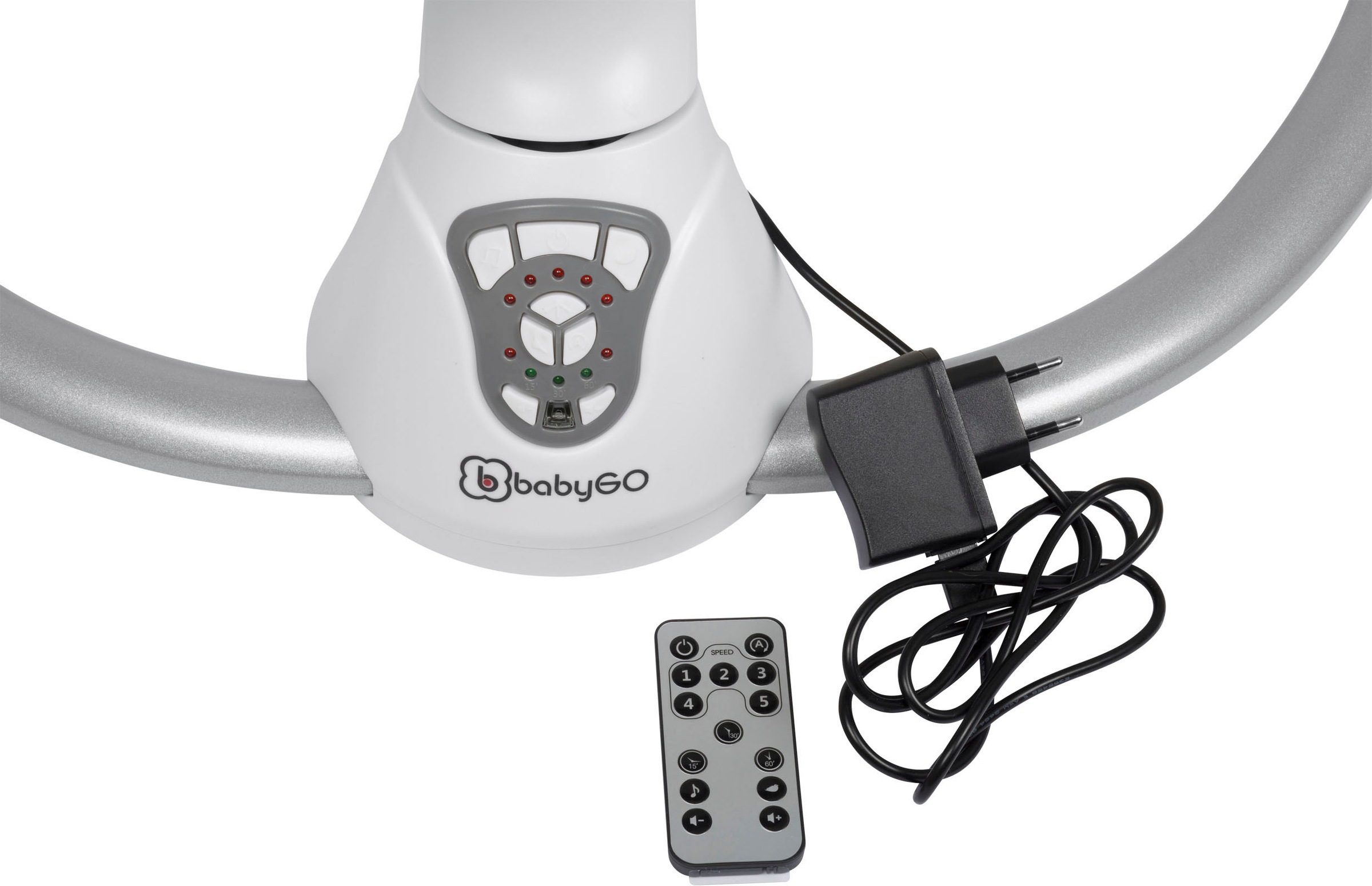 BabyGo Hochstuhl »Family Homey Set, schwarz/hellgrau« () mit elektrischer Babywippe inkl. Spielbogen