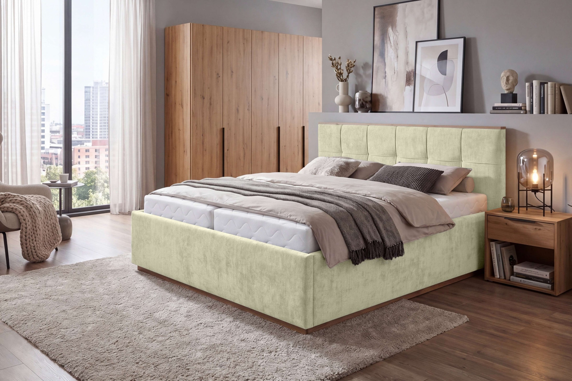 OTTO home Polsterbett "Vyllo, Doppelbett, Federkernbett, Komforbett, 160, 180 cm, Bettkästen" Mit 5-Zonen-TFK-Matratze H3, Lattenrost, Eicheapplikationen