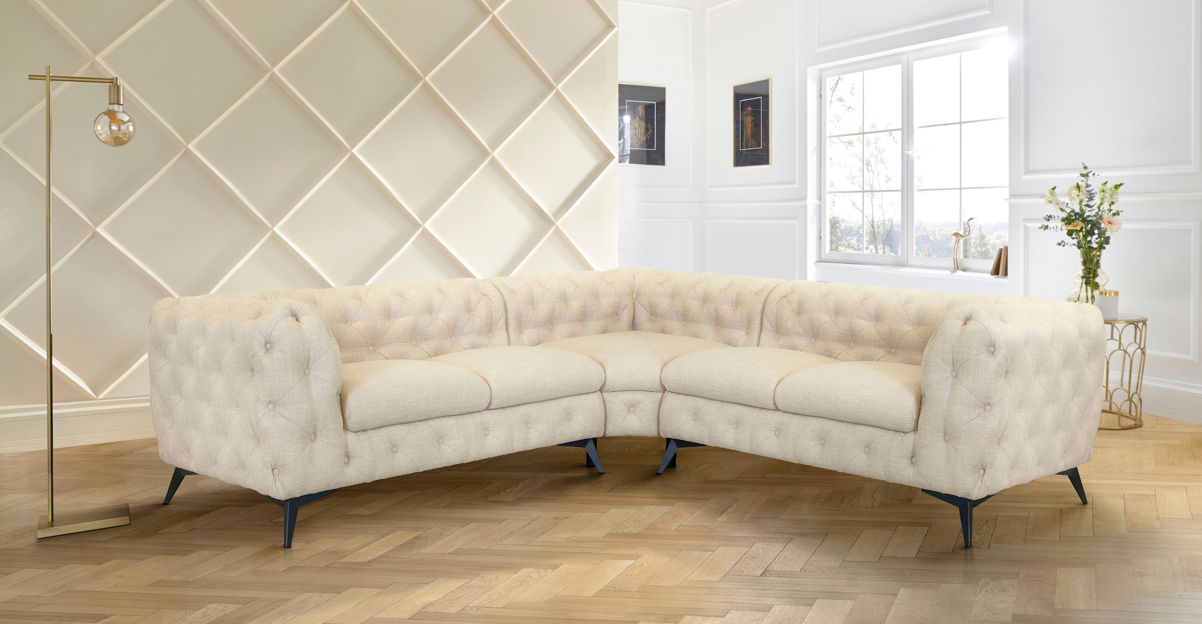 Leonique Chesterfield-Sofa »Ecksofa GLYNIS L-Form mit Wellenunterfederung, Maße B/T/H 264/264/75cm«, aufwändige Knopfheftung, moderne Chesterfield Optik, Fußfarbe wählbar