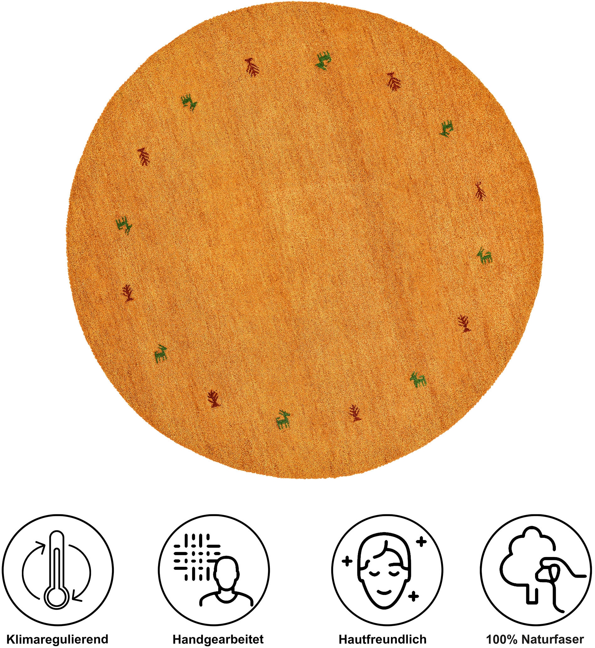 THEKO Wollteppich »Gabbeh Motiv, Handweb Teppich, Tiermotiv, reine Wolle, handgewebt«, rund, 14 mm Höhe, reine Wolle, handgewebt, Wohnzimmer, Schlafzimmer, Esszimmer