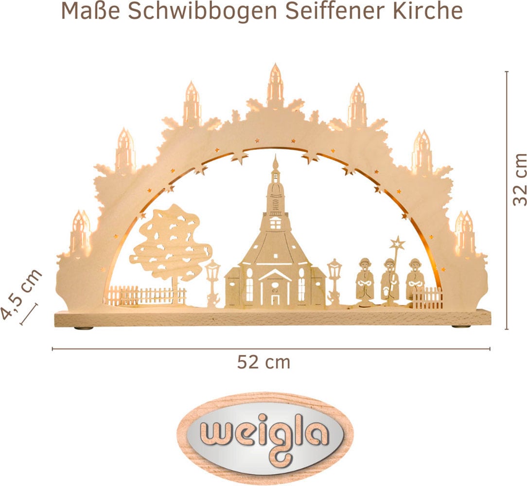 Weigla Schwibbogen »Seiffener Kirche, Lichterbogen aus Holz, NATUR«, Erzgebirge garantiert, Weihnachtsdeko Innen, Weihnachtsbeleuchtung