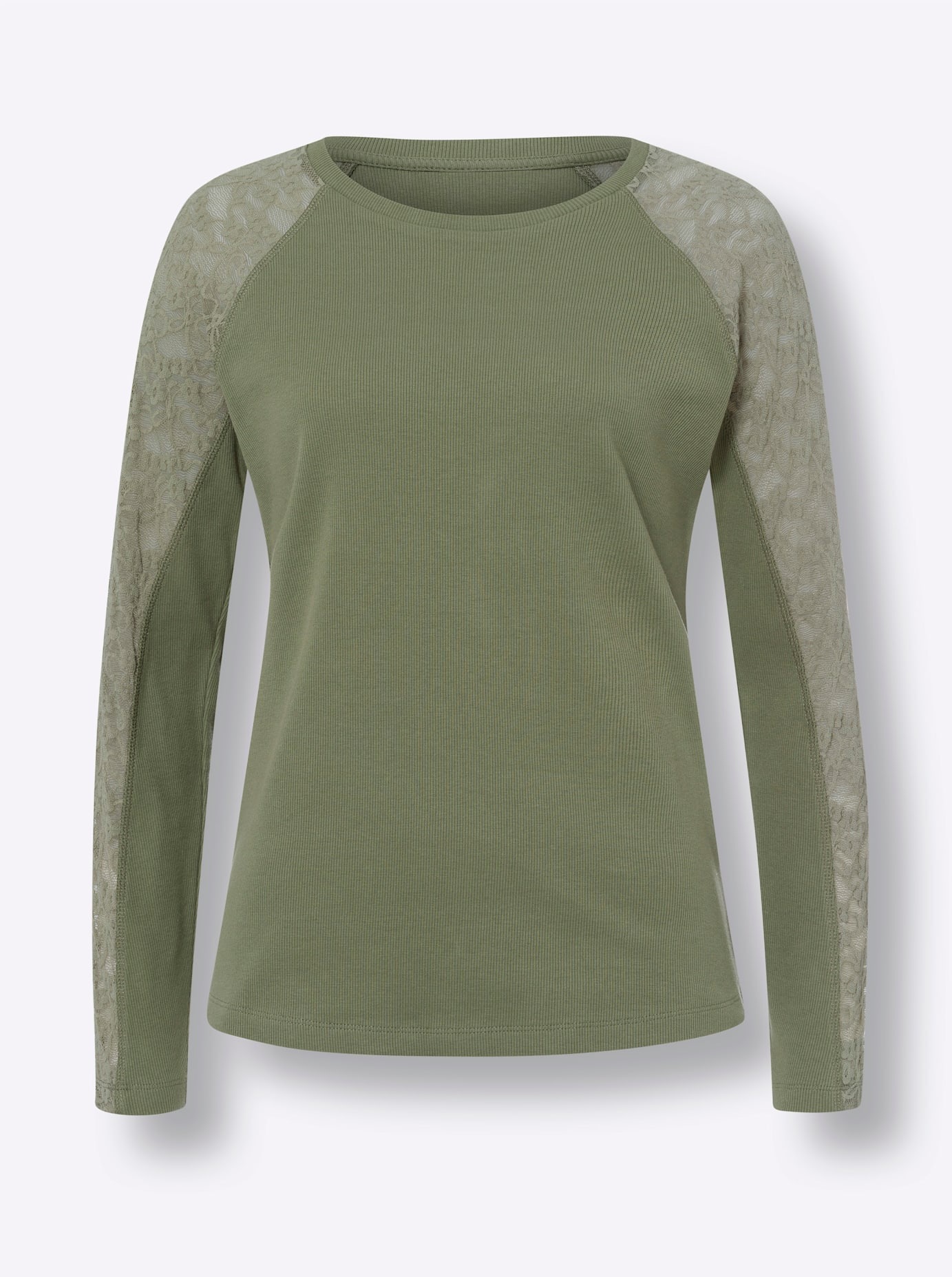 Spitzenshirt HEINE "Shirt", Damen, Gr. 38, grün (khaki), 95% Baumwolle, 5% Elasthan, unifarben, Rundhals, Shirts 3