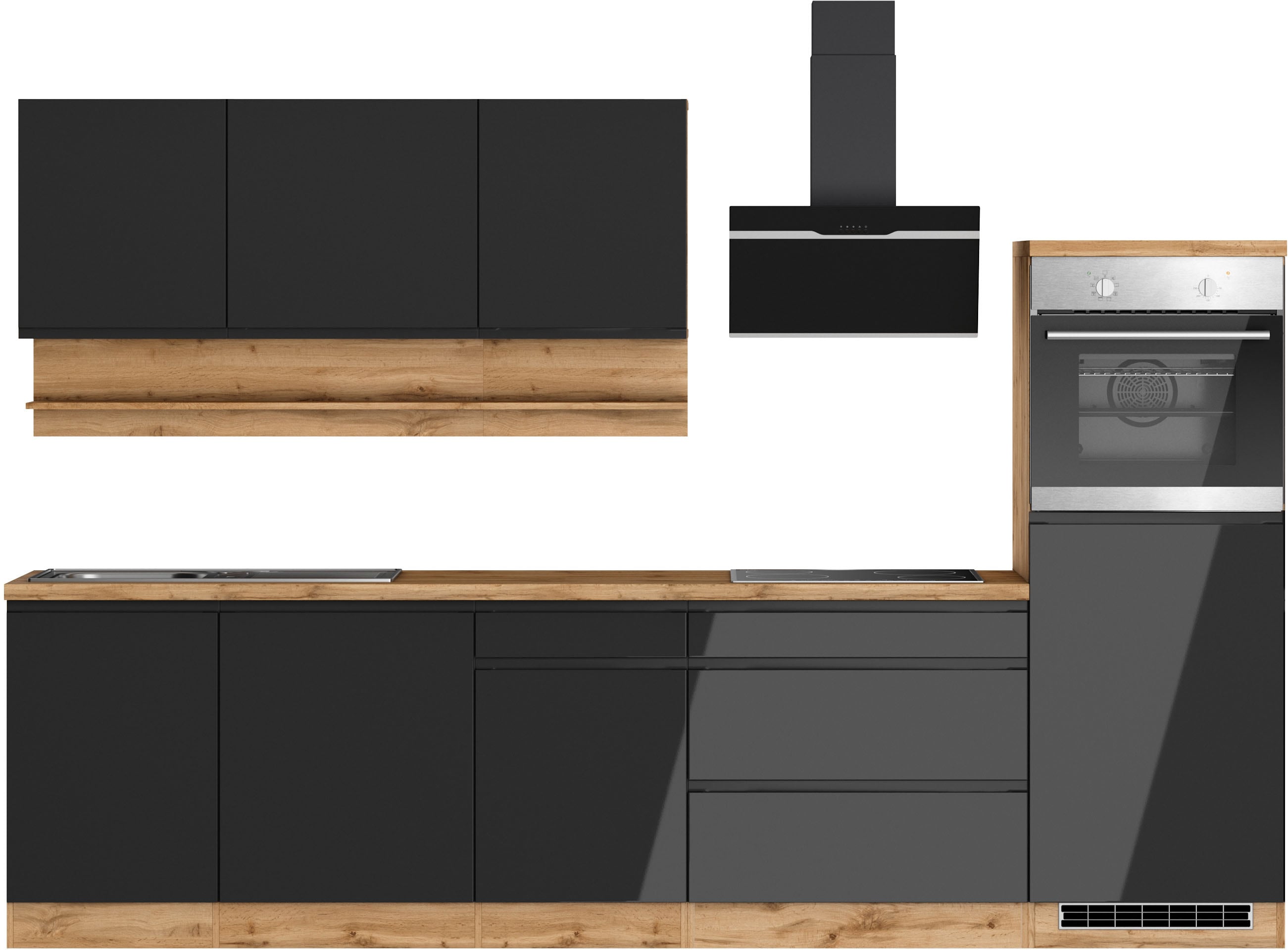 KOCHSTATION Küchenzeile "KS-Virginia,neu in verbesserter Ausführung" Arbeitsplatte 38 mm stark, Stauraum, Softclose, Breite 300 cm, Soft-Close, ohne E-Geräte