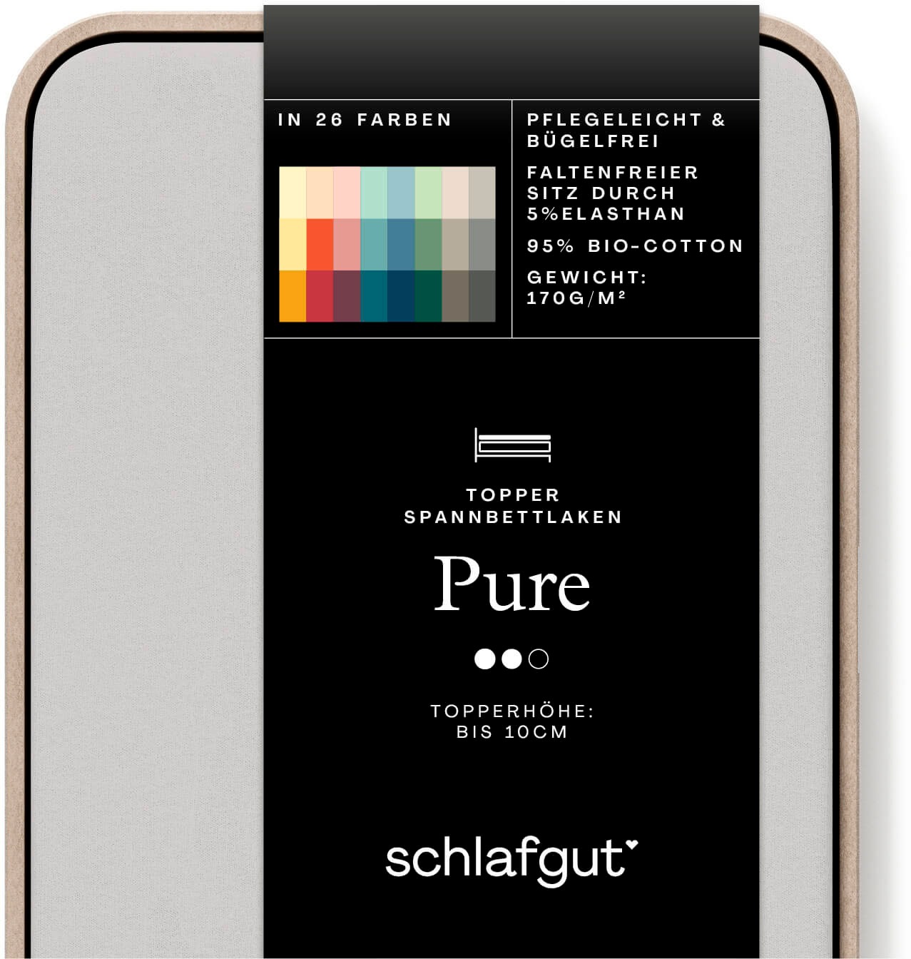 Schlafgut Spannbettlaken "PURE TOPPER Bio-Baumwolle mit Elasthan 170 g/m² für Topper bis 10 cm" PREMIUM Laken für Matratzen bis 10 cm Höhe, dehnbar, blickdicht