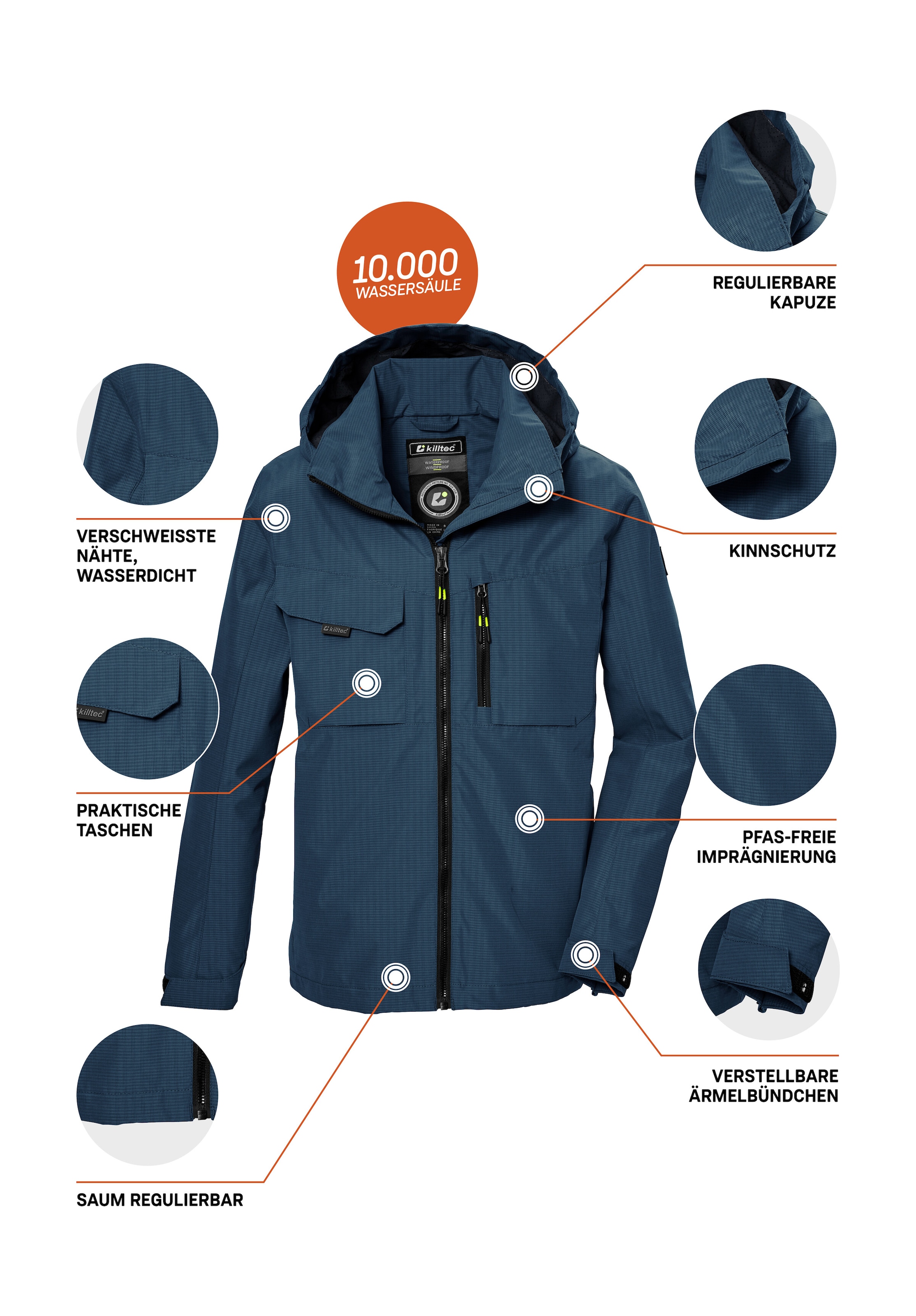 Killtec Funktionsjacke »KOS 140 BYS JCKT«, Wasserdichte Jacke mit verstellbarer Kapuze, PFAS-frei imprägniert