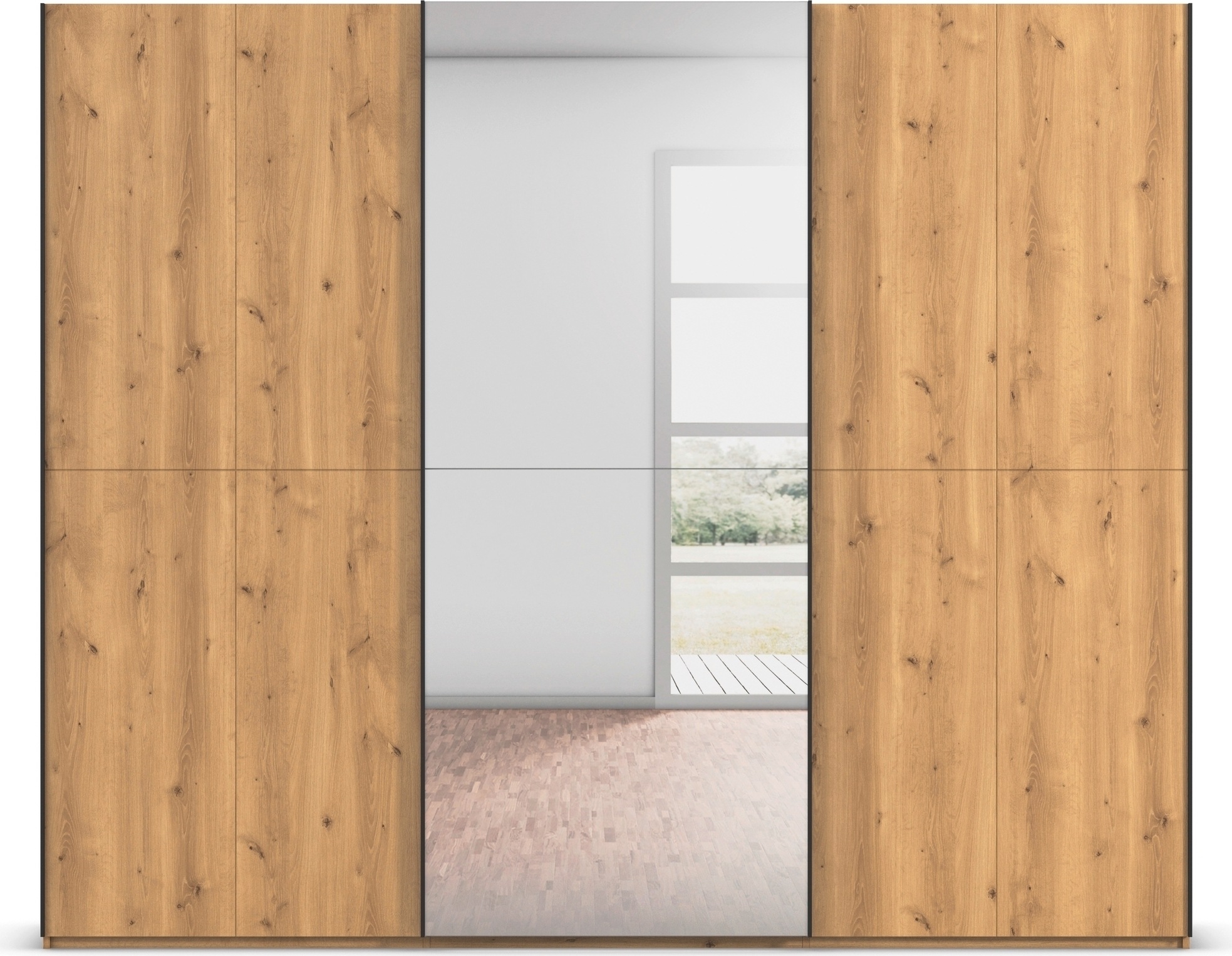 rauch Schwebetürenschrank »Kleiderschrank Schrank Garderobe Schlafzimmerschrank SCALE-WOOD«, edle geteilte Front in massiver Asteiche mit Spiegel MADE IN GERMANY