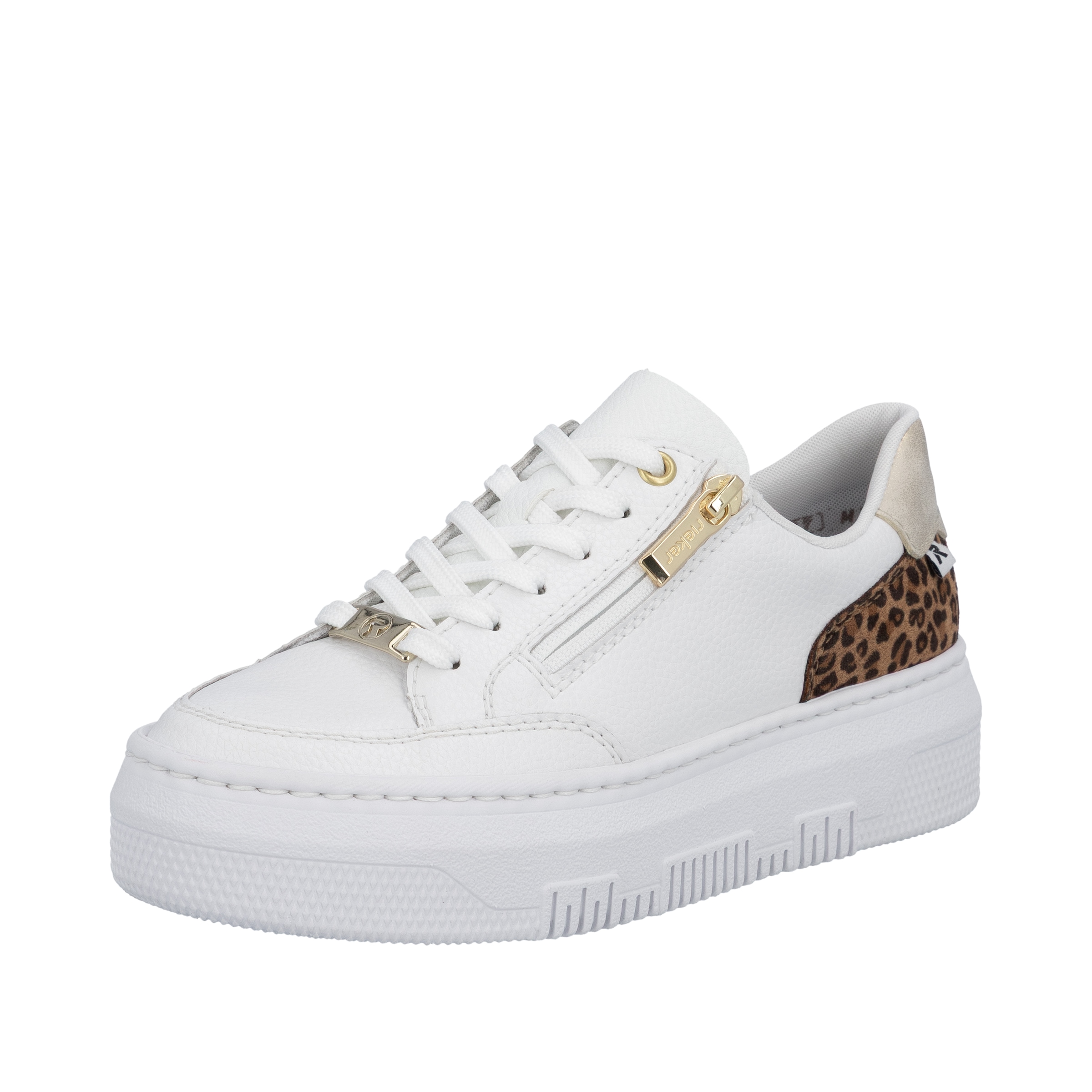Plateausneaker RIEKER, Damen, Gr. 42, weiß, leo, Glattleder, Schuhe Plateausneaker, Schnürschuh, Freizeitsneaker, Halbschuh mit Leo-Einsatz an der Ferse, Topseller