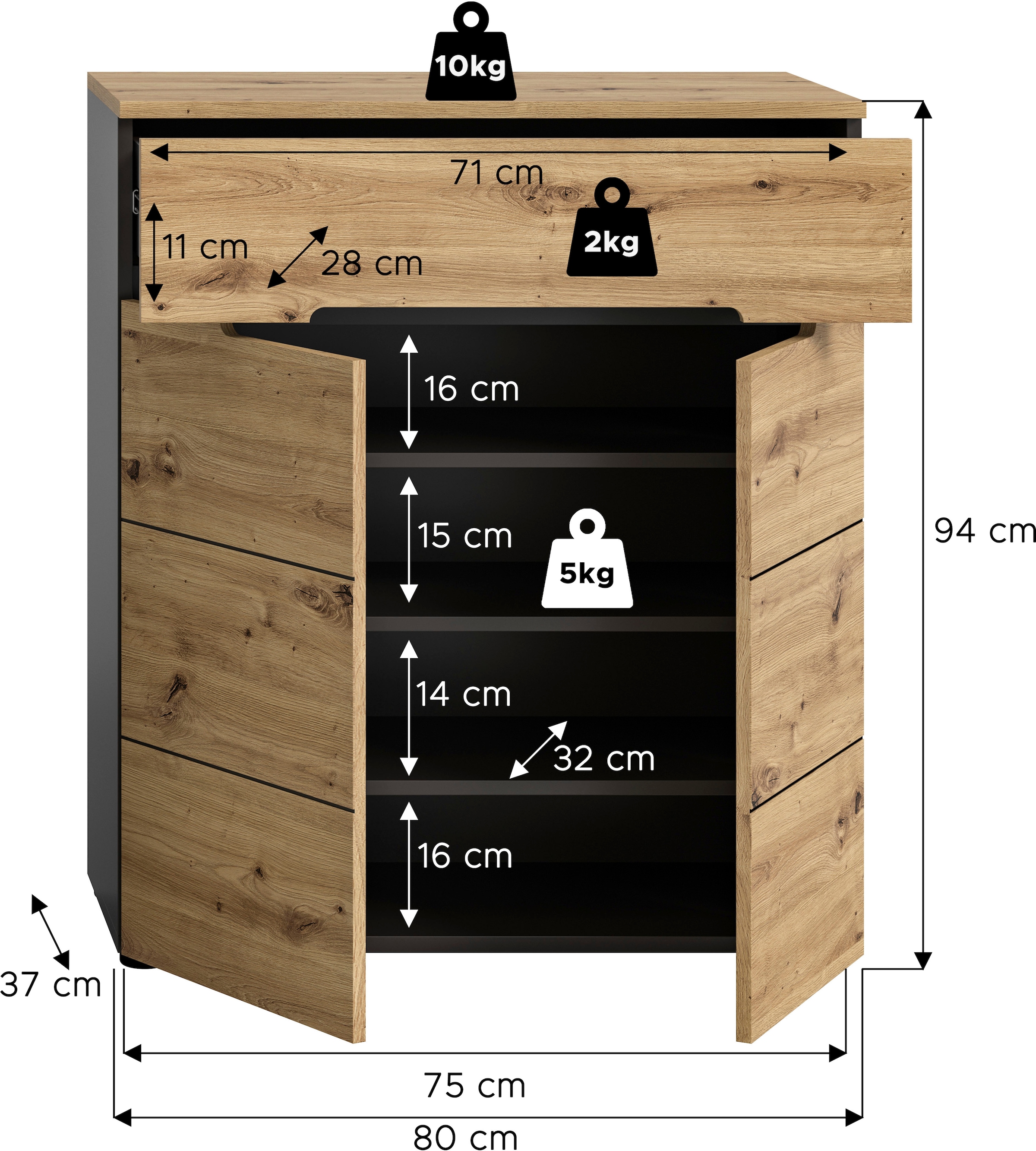 INOSIGN Schuhkommode »Rehat, Breite 80cm, Basalt grau/Artisan Eiche, 2 Türen, 1 Schubkasten«, Schuhschrank, Kommode, Garderobenschrank, Anrichte