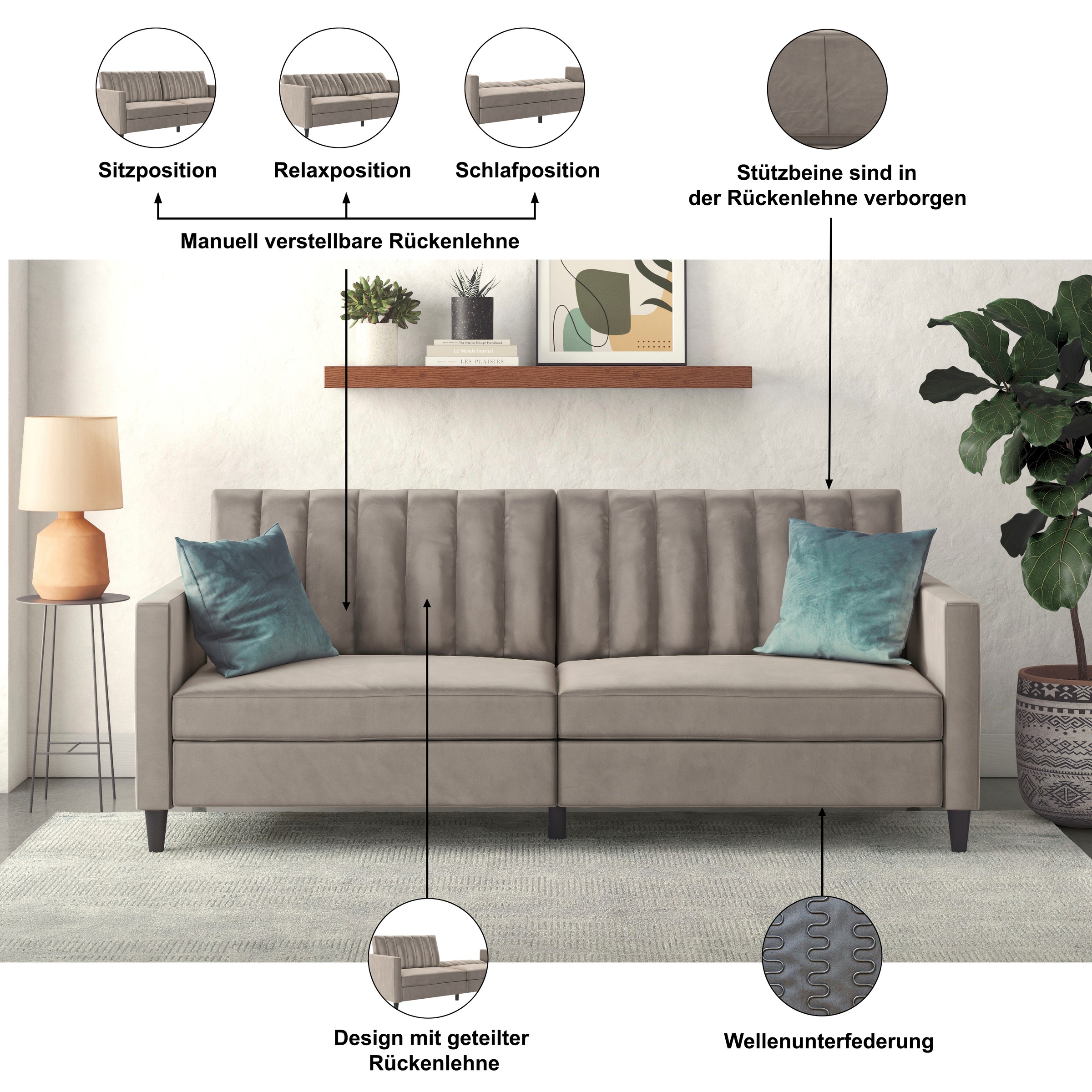 Thumbnail - Dorel Home 3-Sitzer "Celine" Rückenlehne 2-teilig und 3-fach verstellbar, Sitzhöhe 43 cm