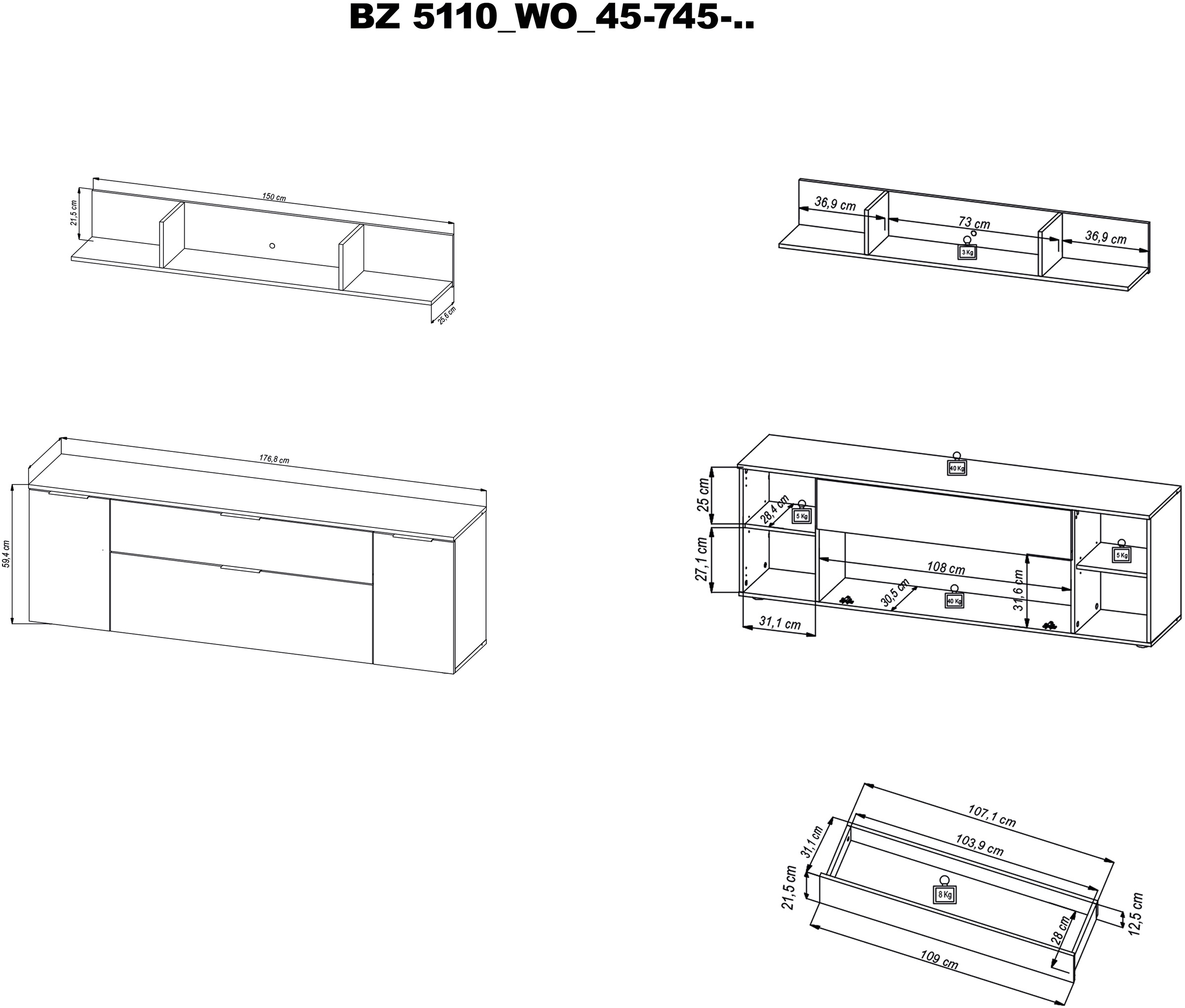 HBZ Lowboard »BZ 5110«, (1 St.), weiß oder Grau, TV Möbel bis 70 Zoll geeignet