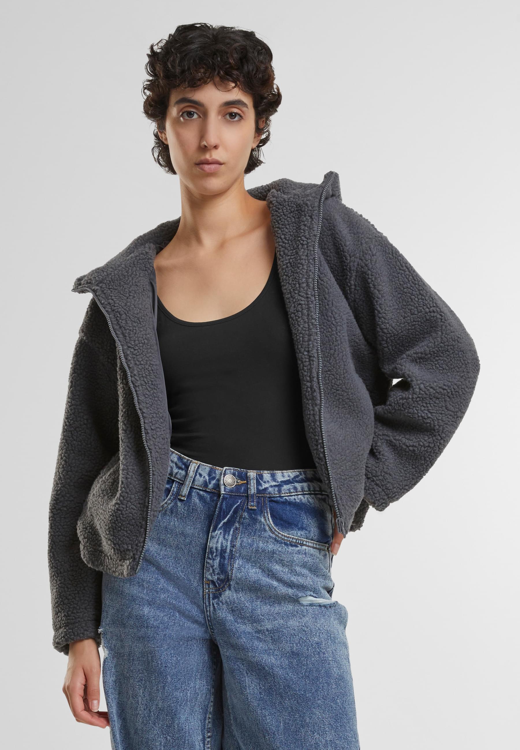 Thumbnail - URBAN CLASSICS Allwetterjacke "Urban Classics Ladies Short Hooded Sherpa Jacket", (1 St.), mit Kapuze